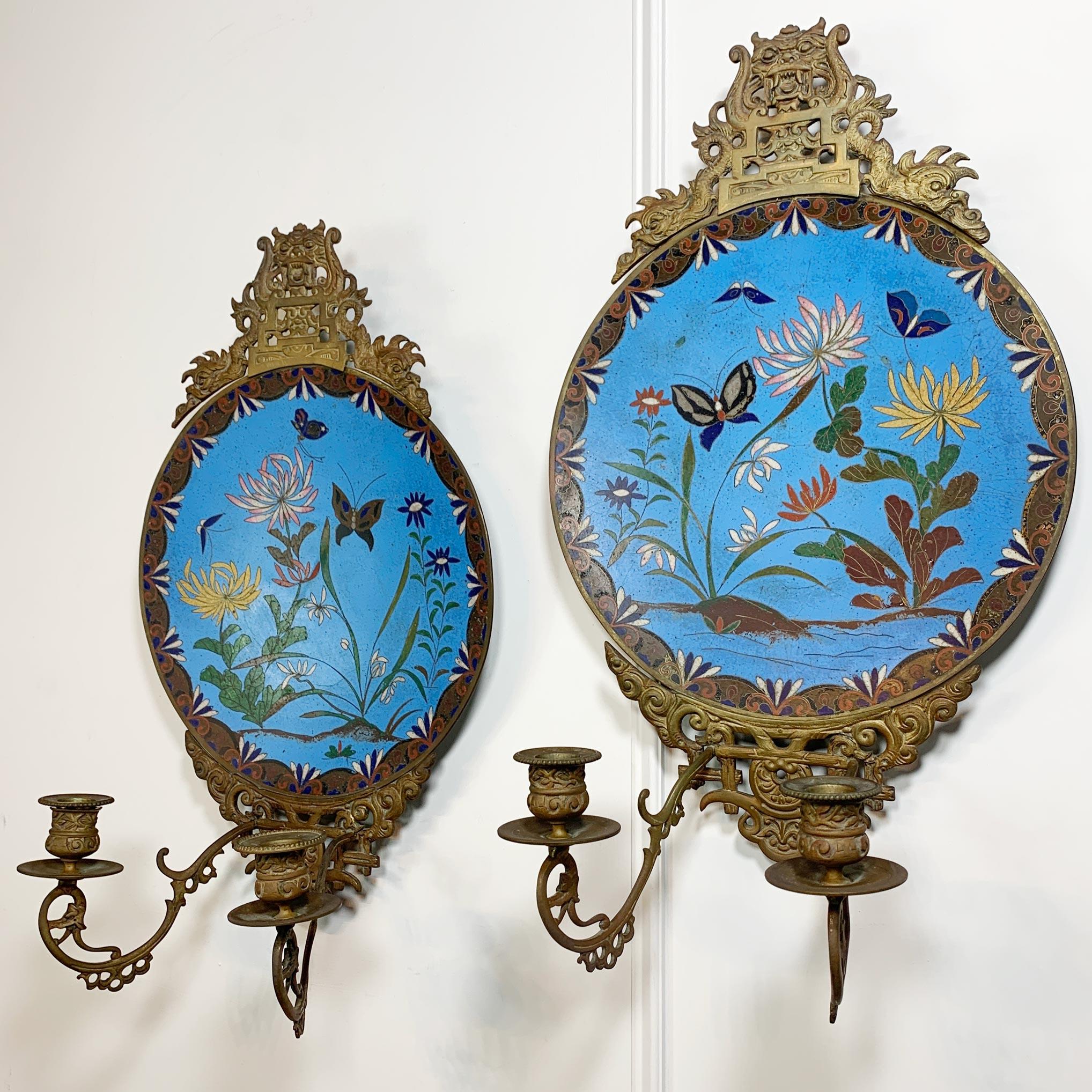 19th C Blue Japanese Meiji Cloisonne Enamel Plate Candle Sconces 7
