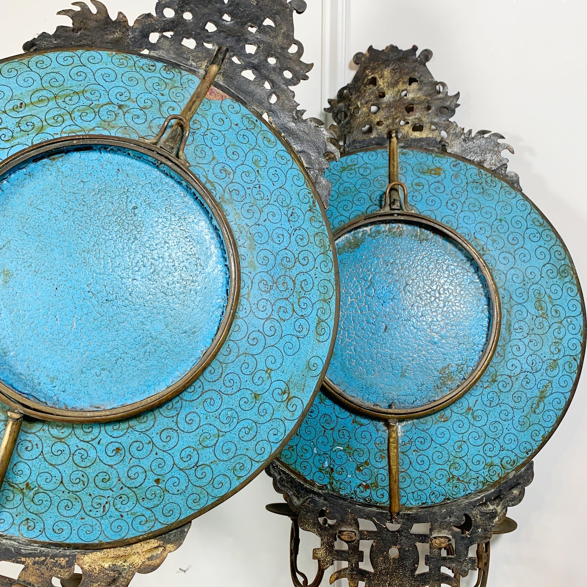 19th C Blue Japanese Meiji Cloisonne Enamel Plate Candle Sconces 10