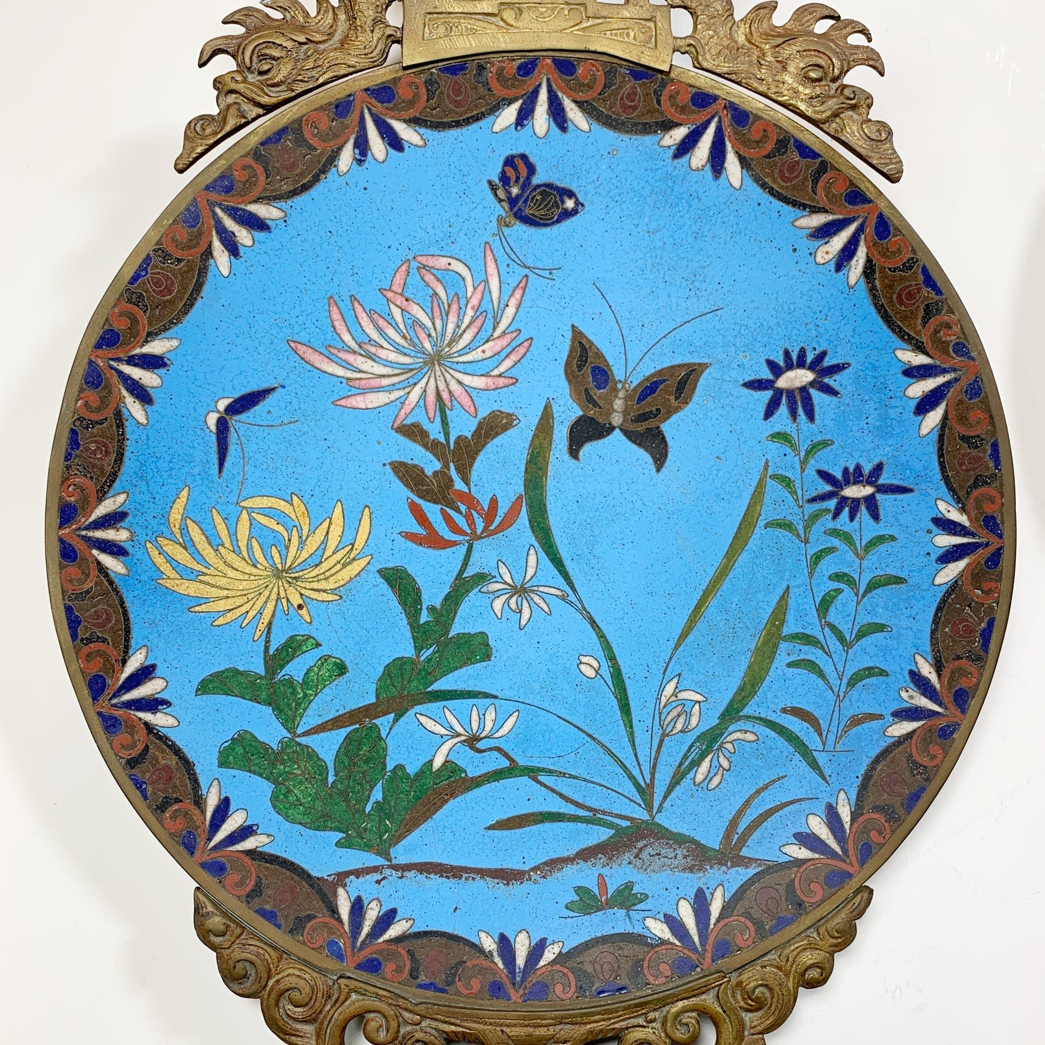 Cloissoné 19th C Blue Japanese Meiji Cloisonne Enamel Plate Candle Sconces