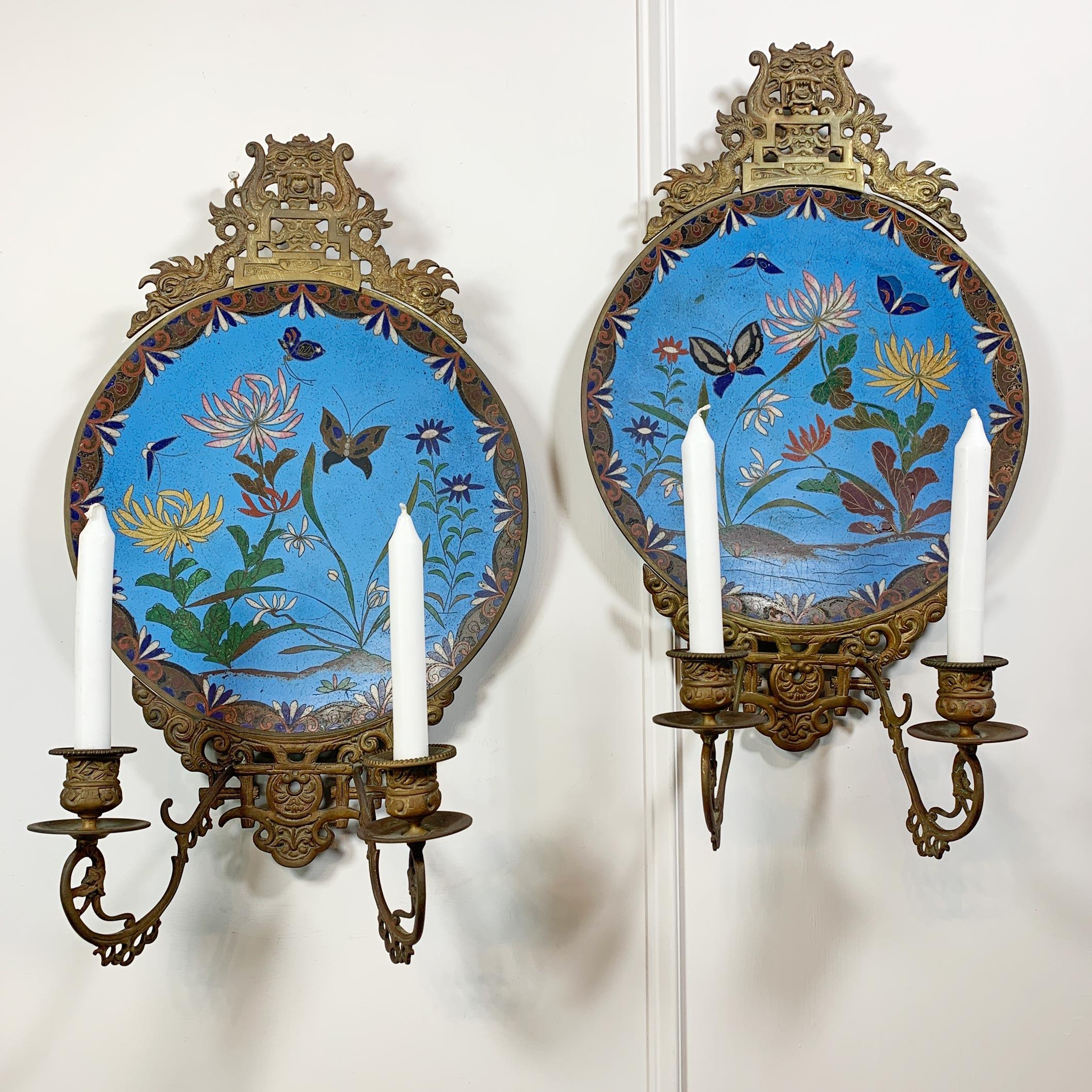 19th C Blue Japanese Meiji Cloisonne Enamel Plate Candle Sconces In Good Condition In Hastings, GB