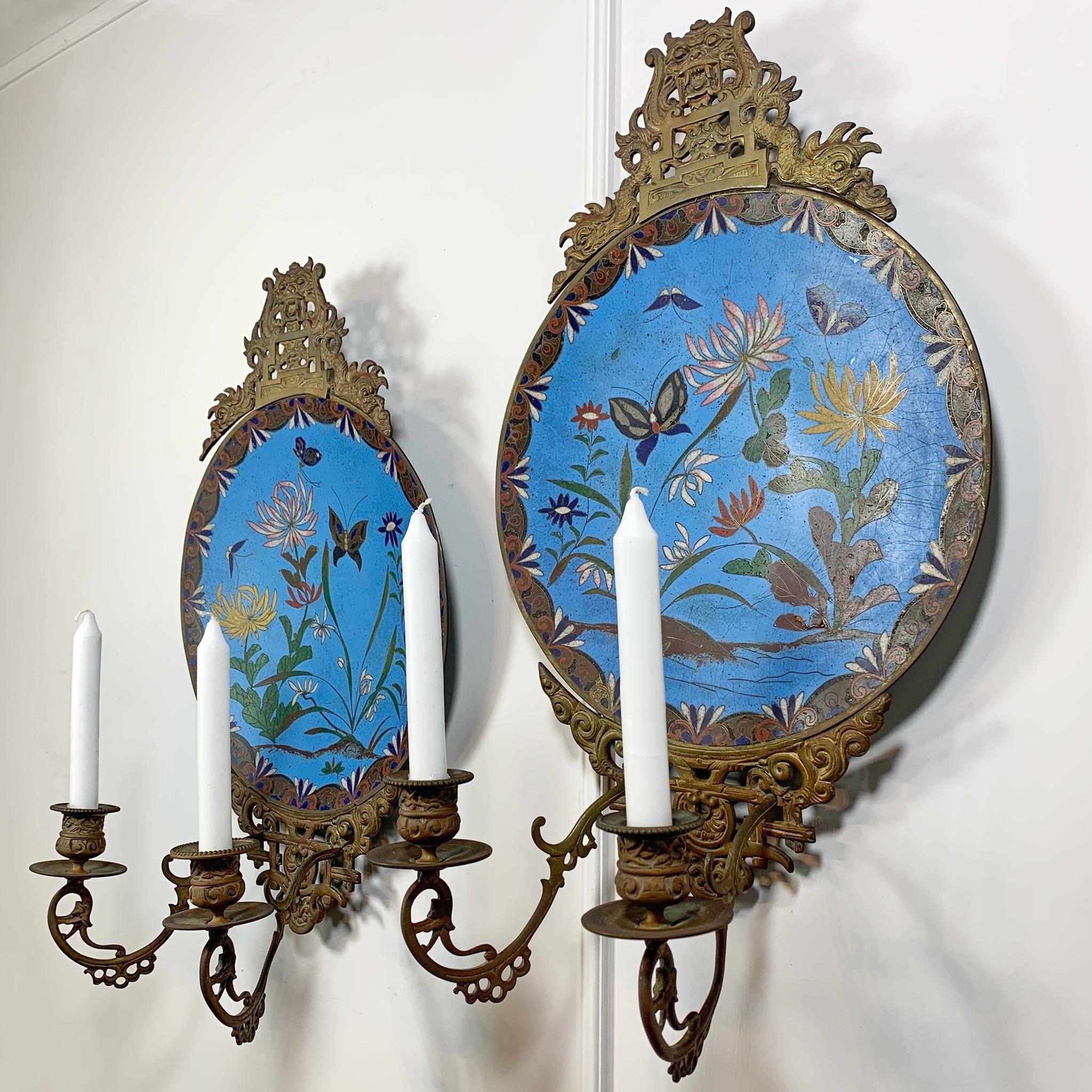 Late 19th Century 19th C Blue Japanese Meiji Cloisonne Enamel Plate Candle Sconces