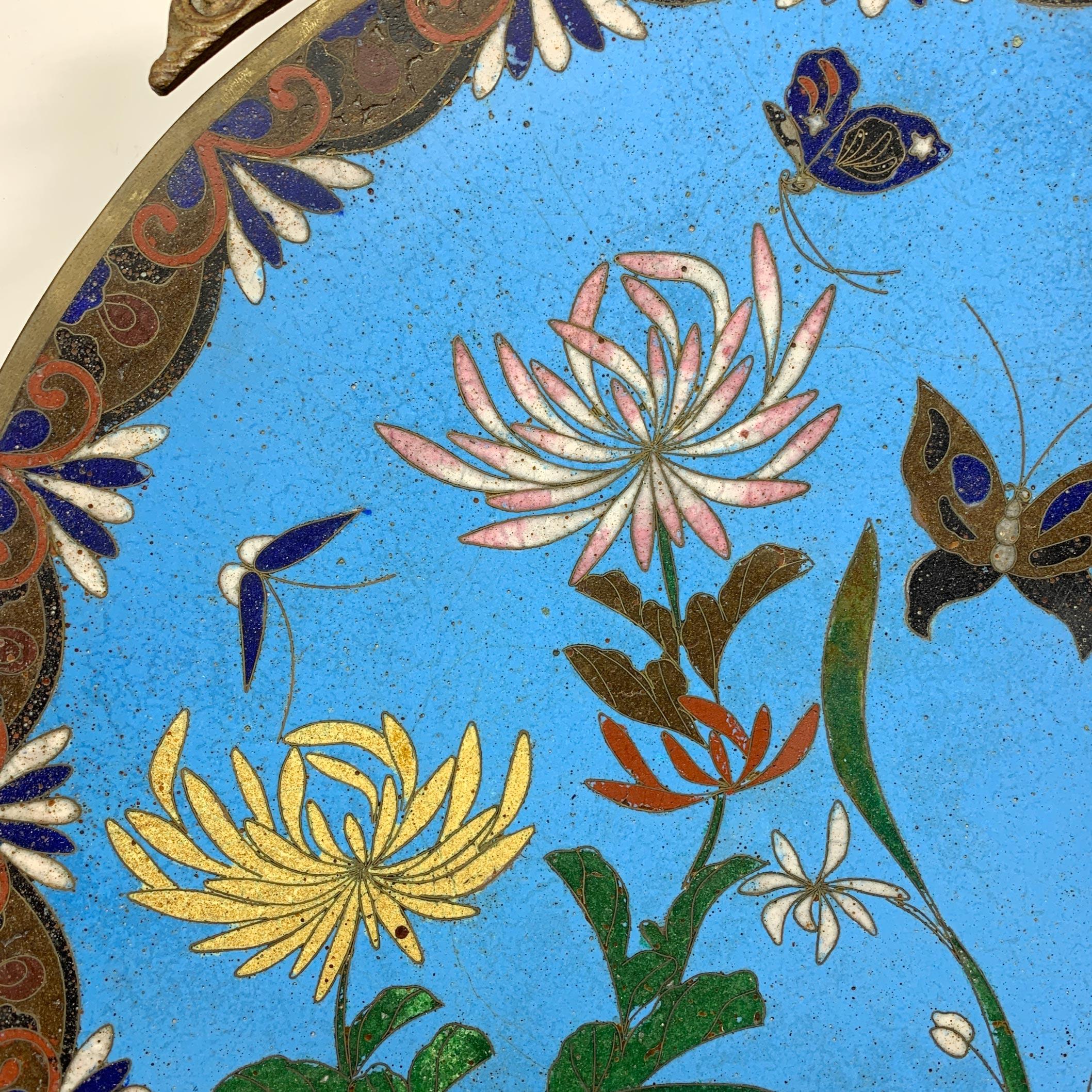 19th C Blue Japanese Meiji Cloisonne Enamel Plate Candle Sconces 1