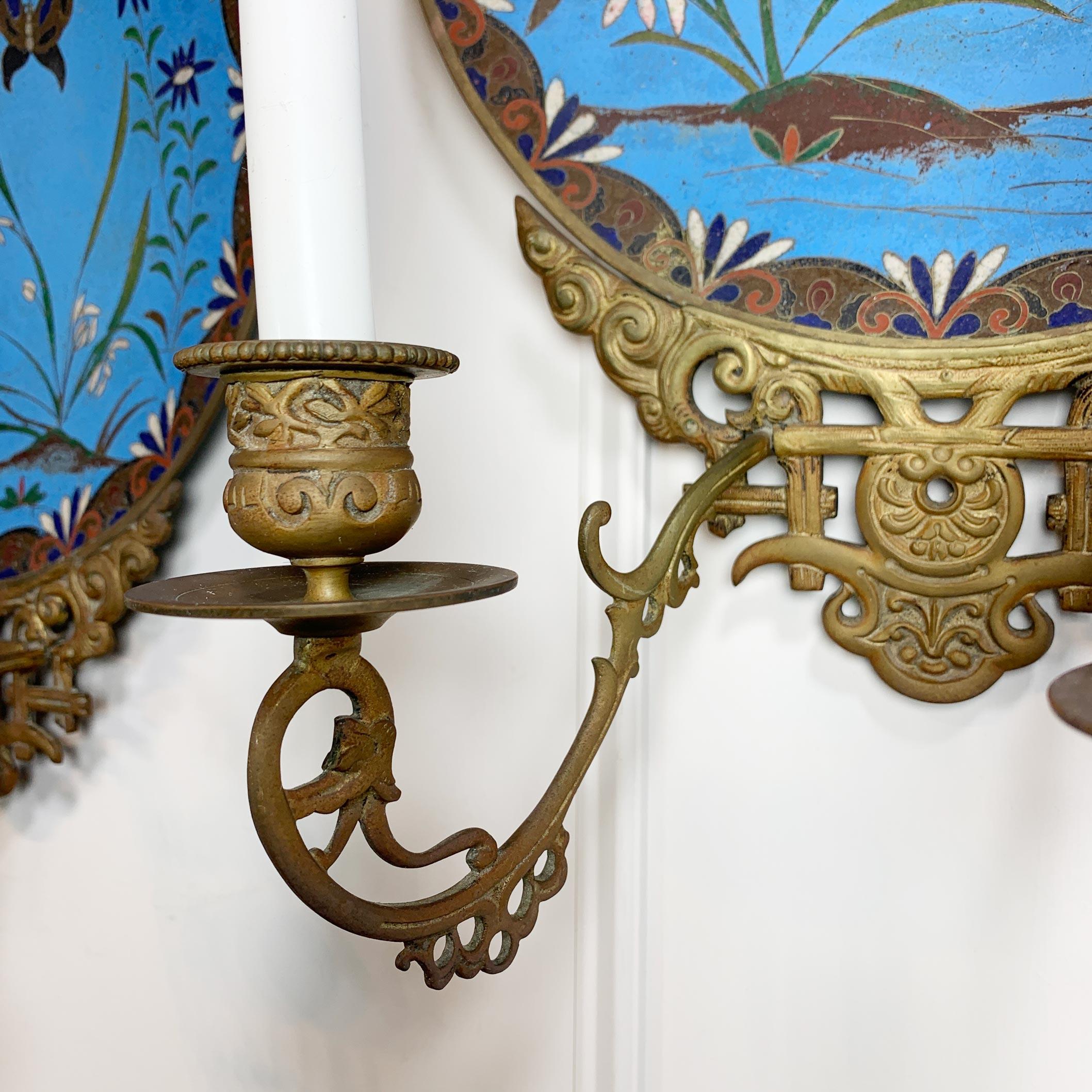 19th C Blue Japanese Meiji Cloisonne Enamel Plate Candle Sconces 3
