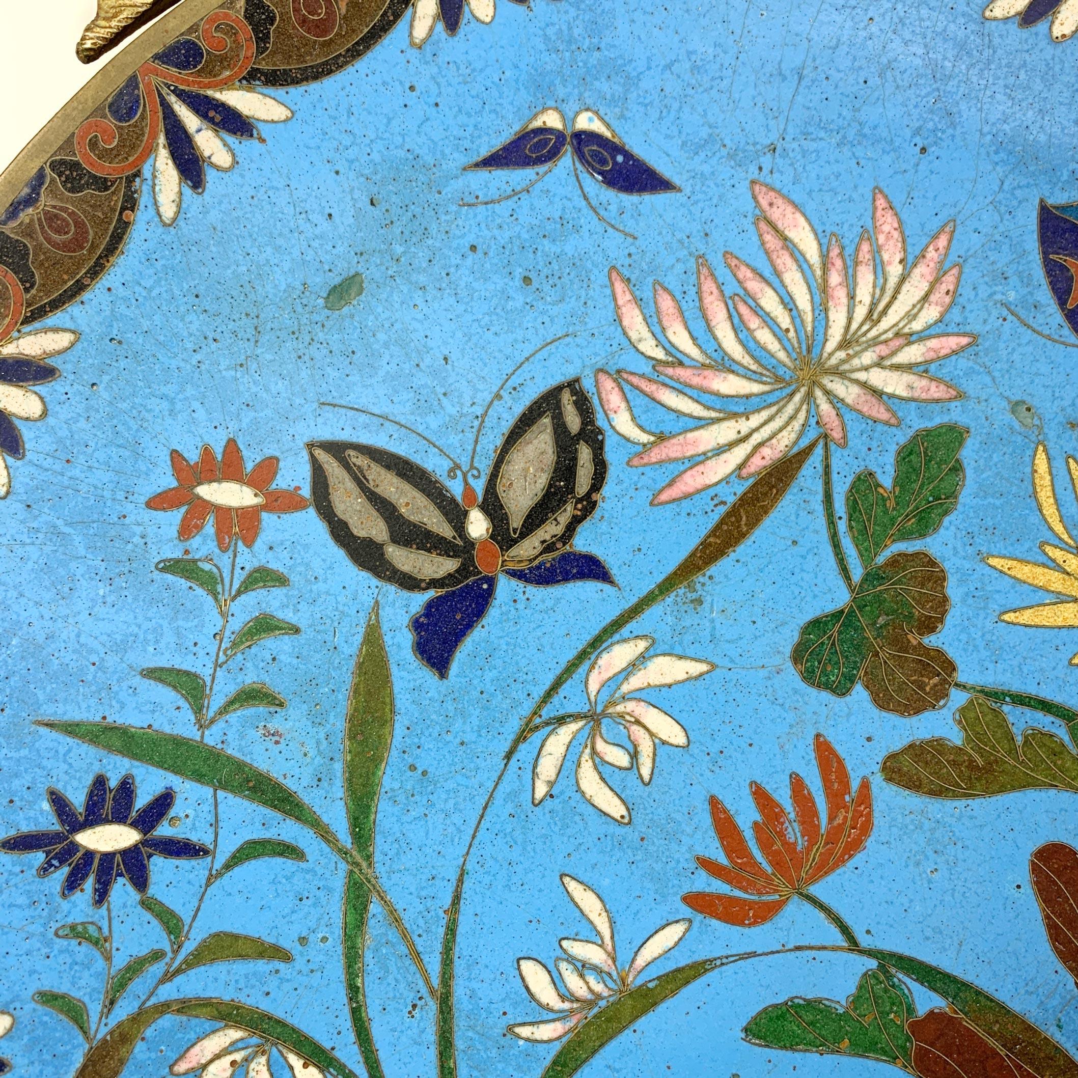 19th C Blue Japanese Meiji Cloisonne Enamel Plate Candle Sconces 4