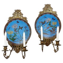 Antique 19th C Blue Japanese Meiji Cloisonne Enamel Plate Candle Sconces