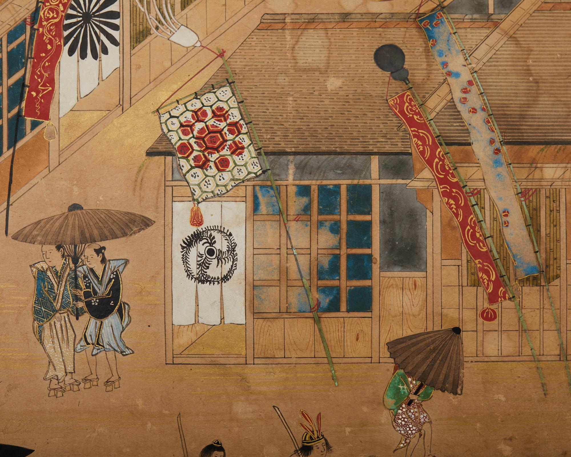 19th Century Japanese Meiji Four Panel Screen Festival Scenes For Sale 5