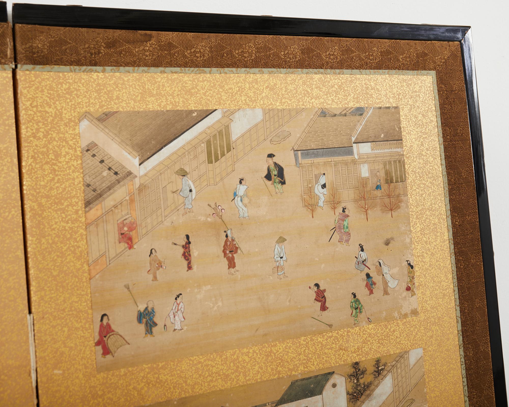 19th Century Japanese Meiji Four Panel Screen Festival Scenes For Sale 6