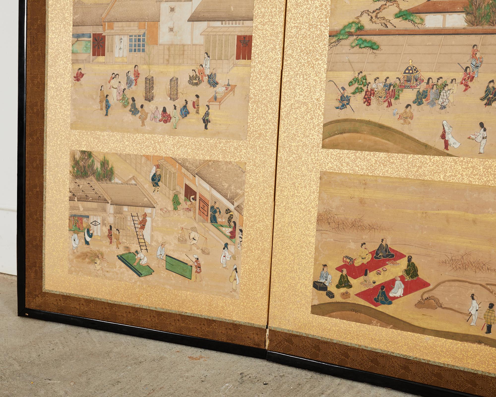 19th Century Japanese Meiji Four Panel Screen Festival Scenes For Sale 7