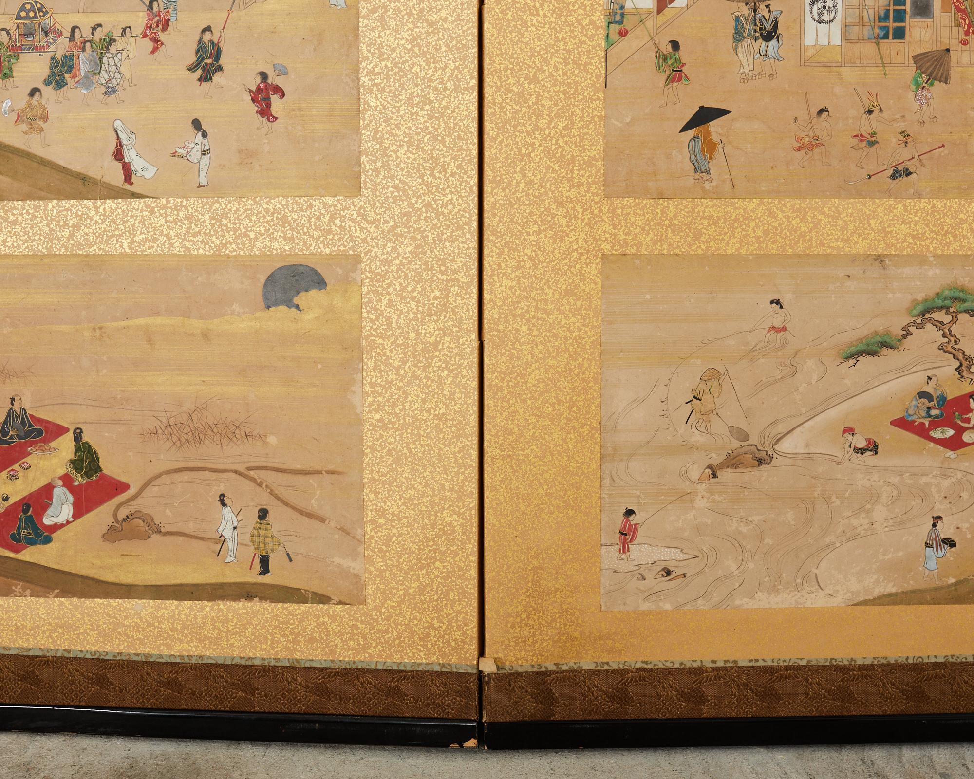 19th Century Japanese Meiji Four Panel Screen Festival Scenes For Sale 8