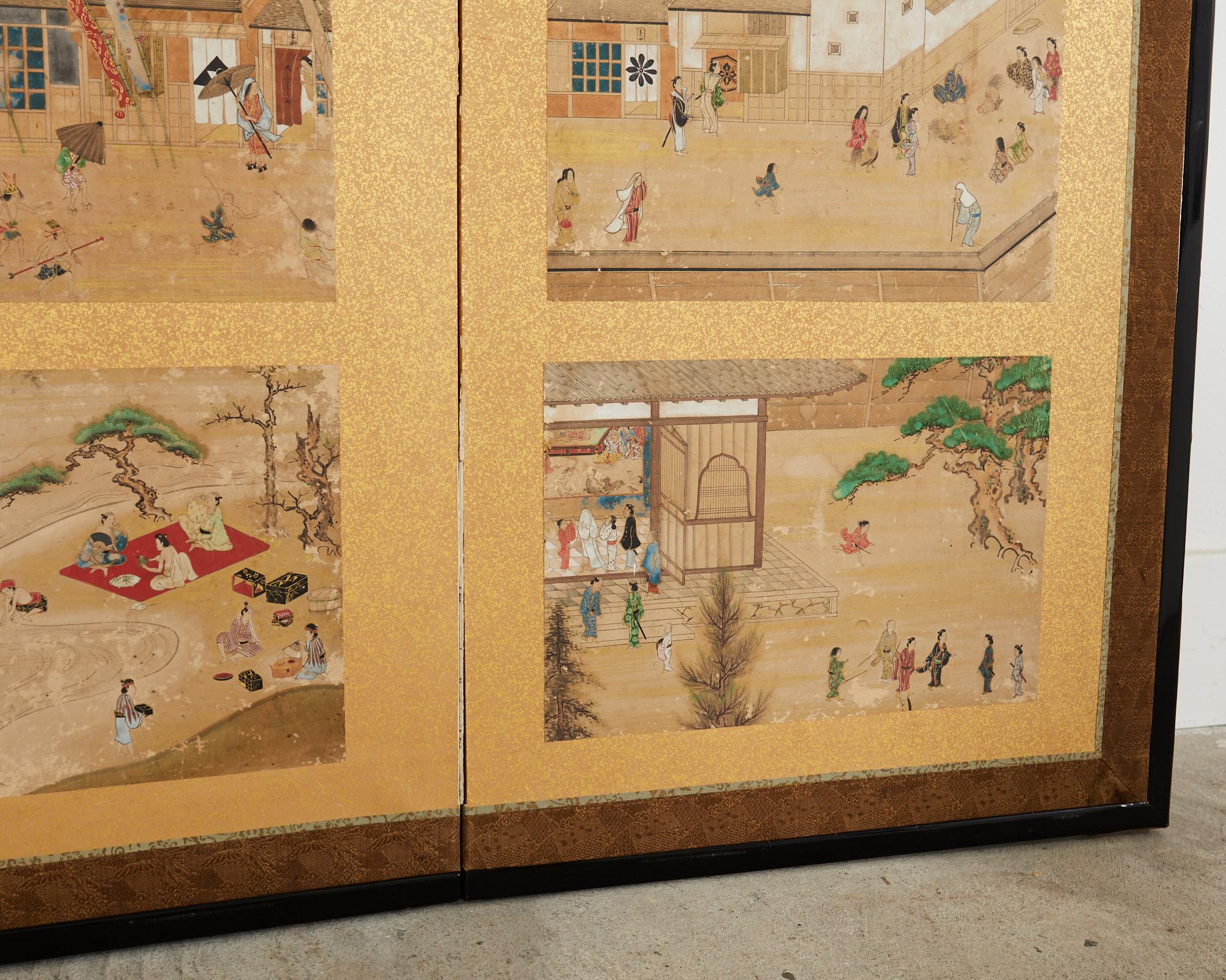 19th Century Japanese Meiji Four Panel Screen Festival Scenes For Sale 9