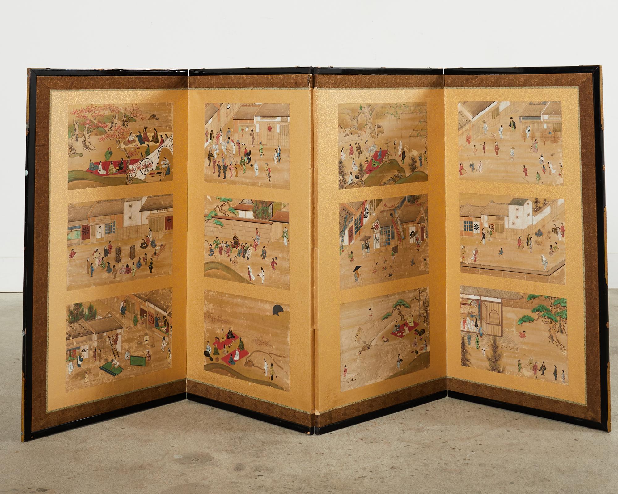 19th Century Japanese Meiji Four Panel Screen Festival Scenes For Sale 11