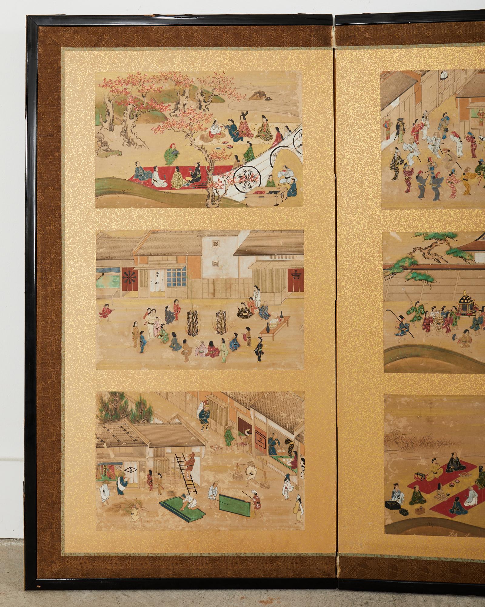 Hand-Crafted 19th Century Japanese Meiji Four Panel Screen Festival Scenes For Sale