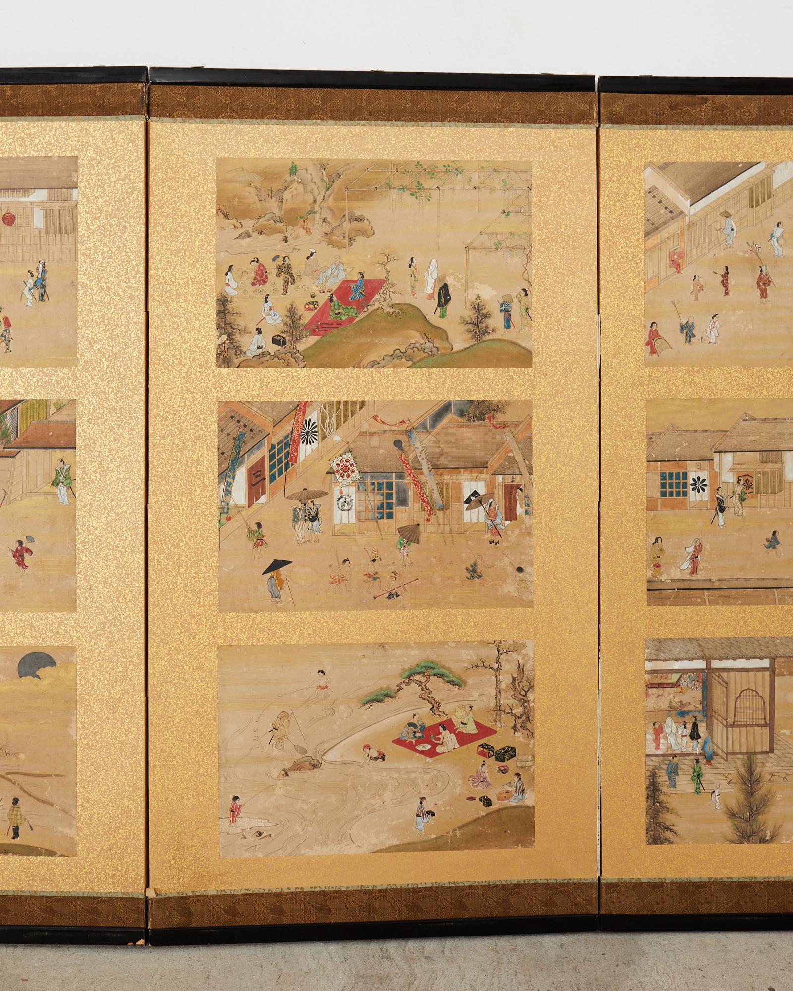 19th Century Japanese Meiji Four Panel Screen Festival Scenes In Distressed Condition For Sale In Rio Vista, CA
