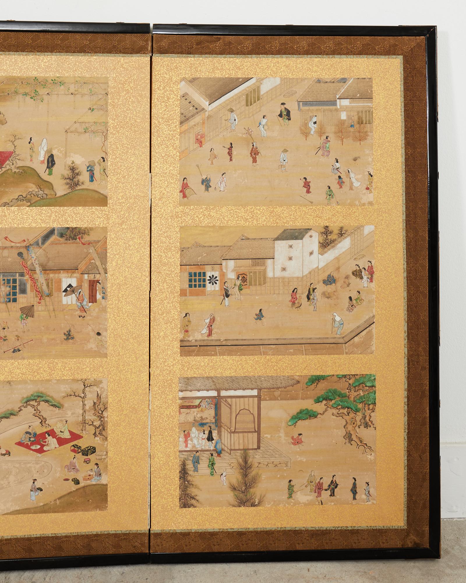 Brass 19th Century Japanese Meiji Four Panel Screen Festival Scenes For Sale