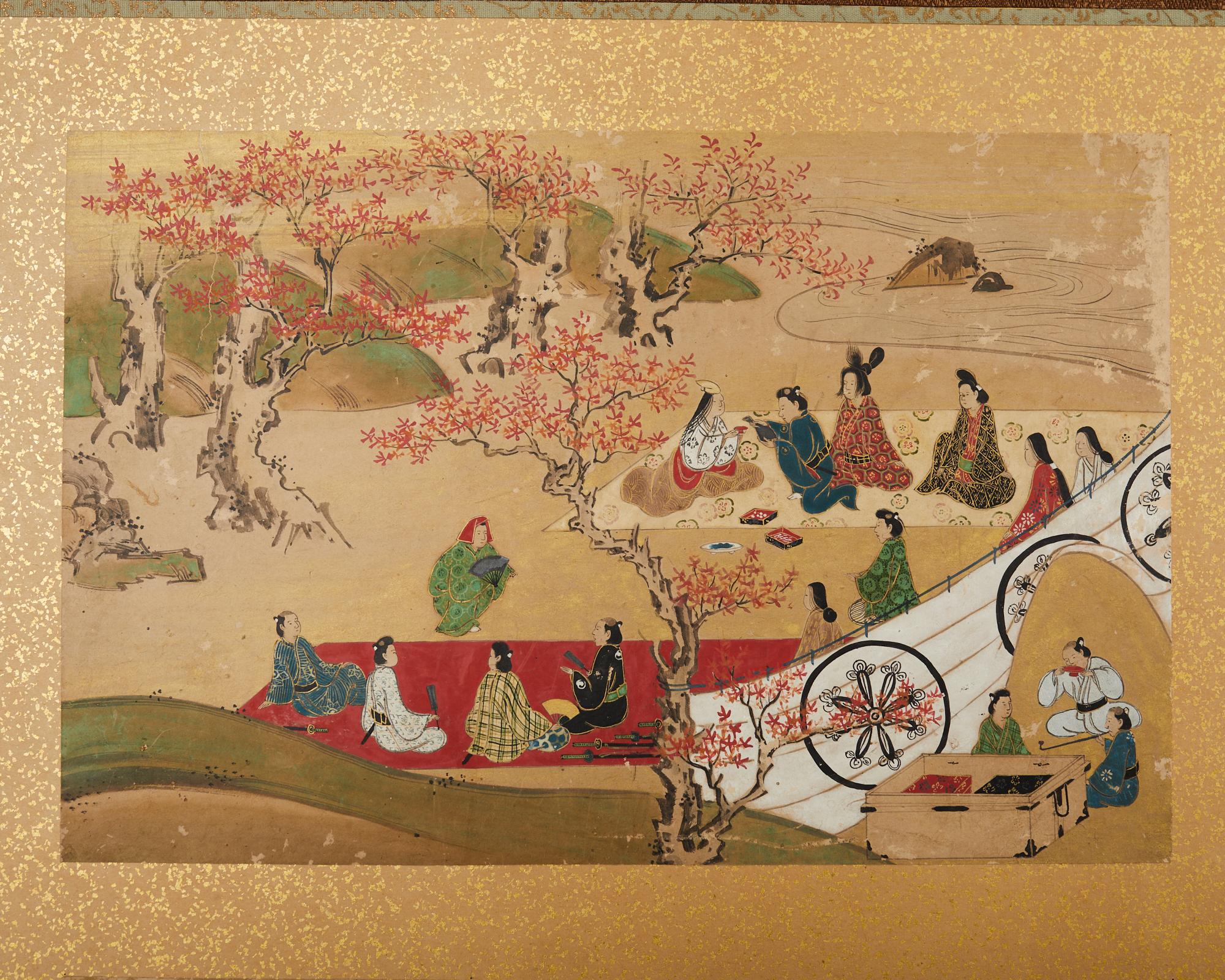 19th Century Japanese Meiji Four Panel Screen Festival Scenes For Sale 1