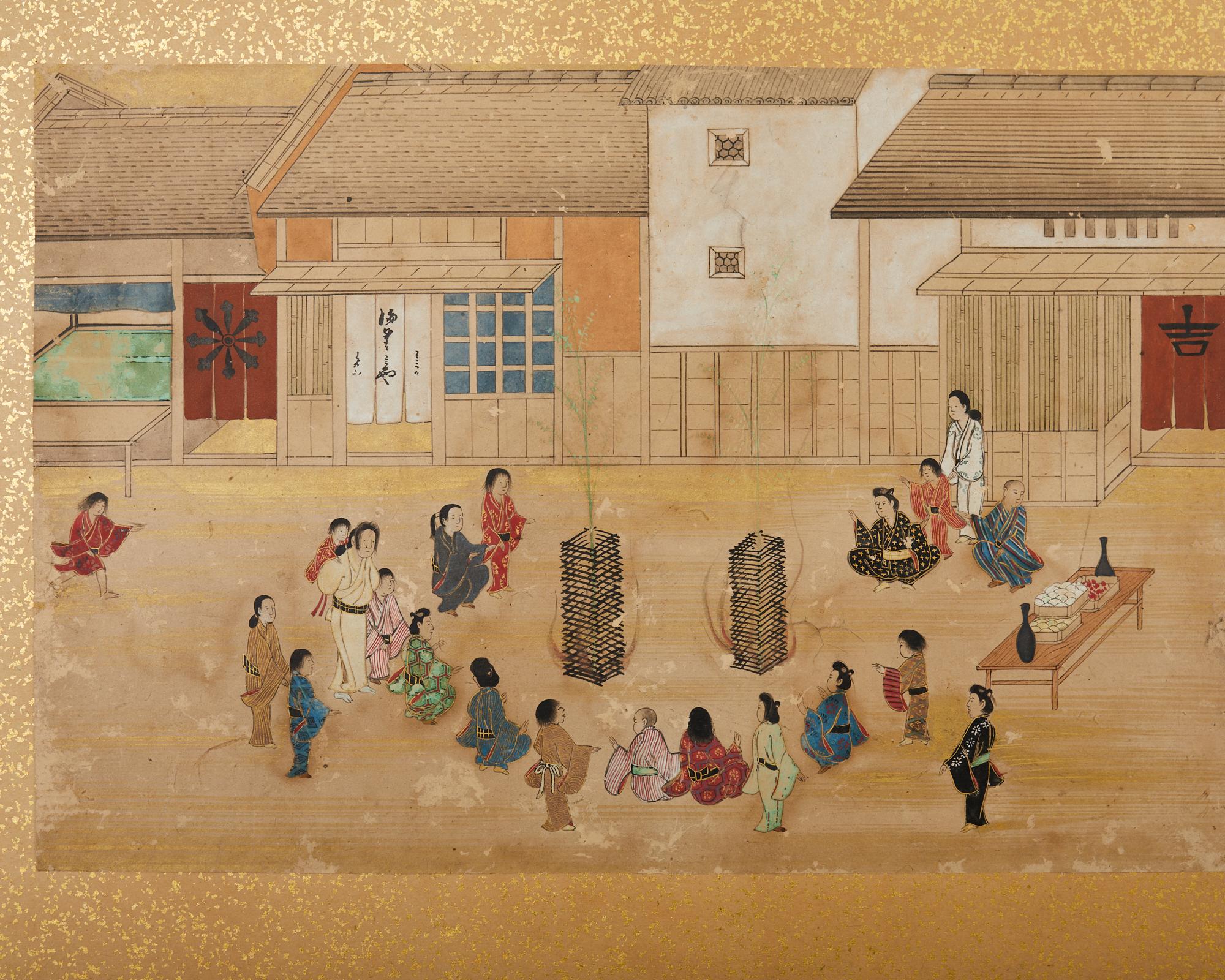 19th Century Japanese Meiji Four Panel Screen Festival Scenes For Sale 2