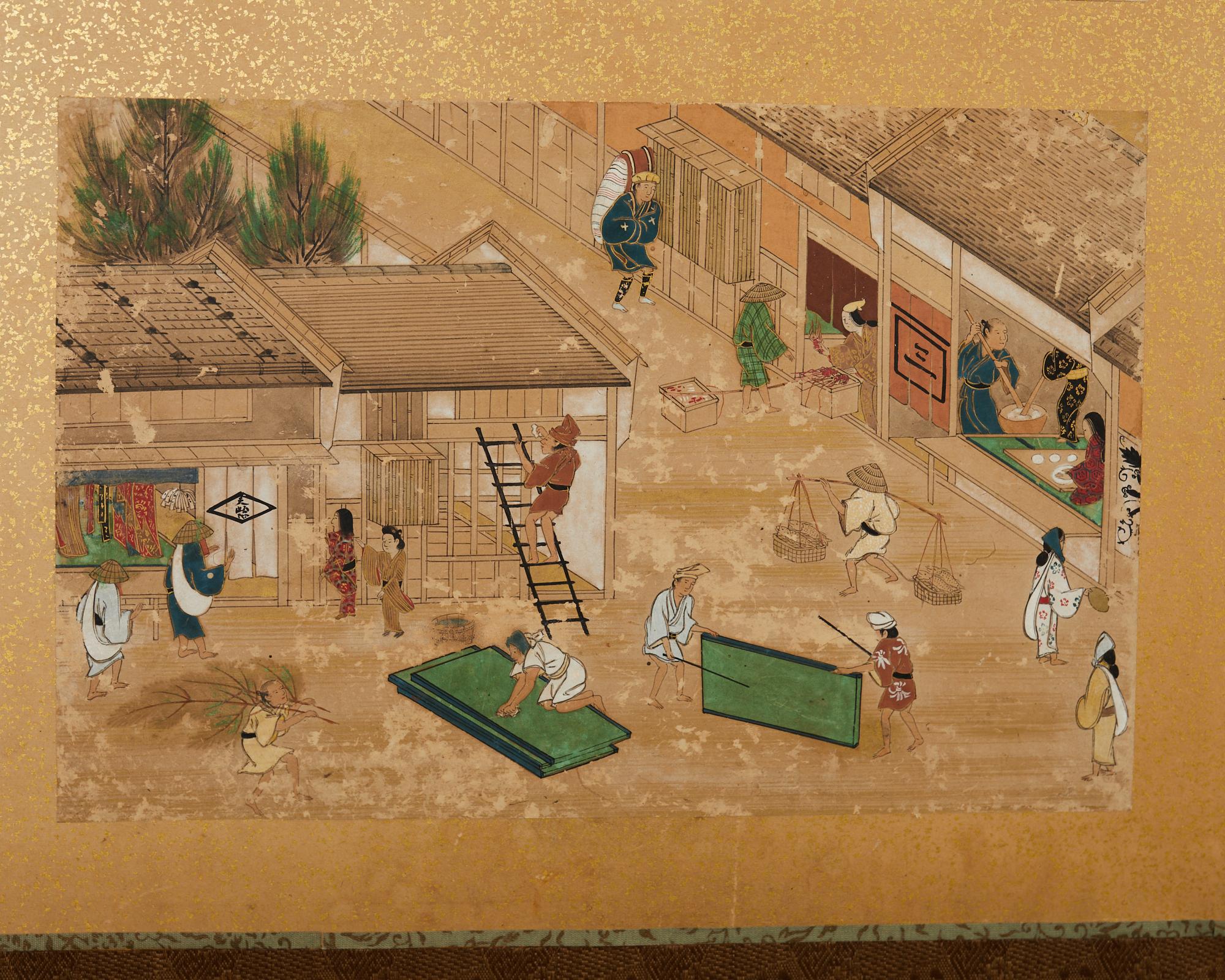 19th Century Japanese Meiji Four Panel Screen Festival Scenes For Sale 3