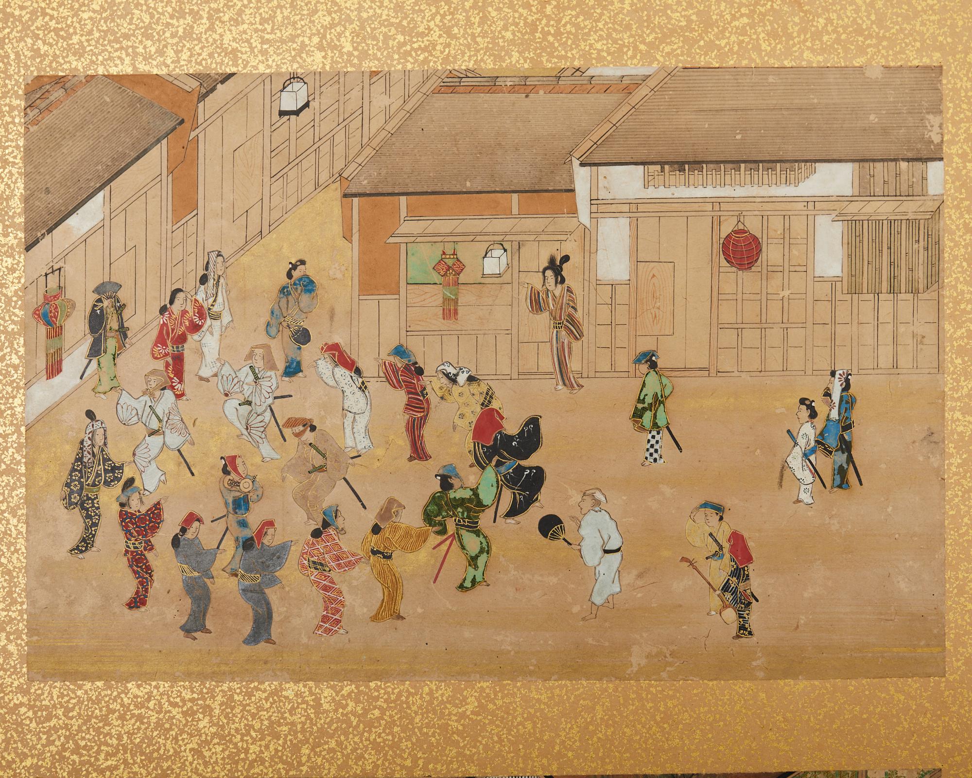 19th Century Japanese Meiji Four Panel Screen Festival Scenes For Sale 4