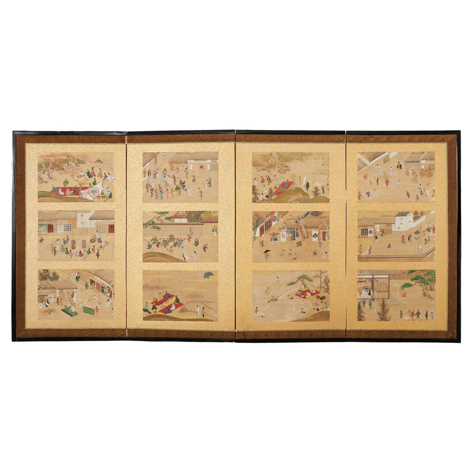 Japanische Meiji-Raumteiler mit vier Tafeln und Festival-Szenen aus dem 19. Jahrhundert
