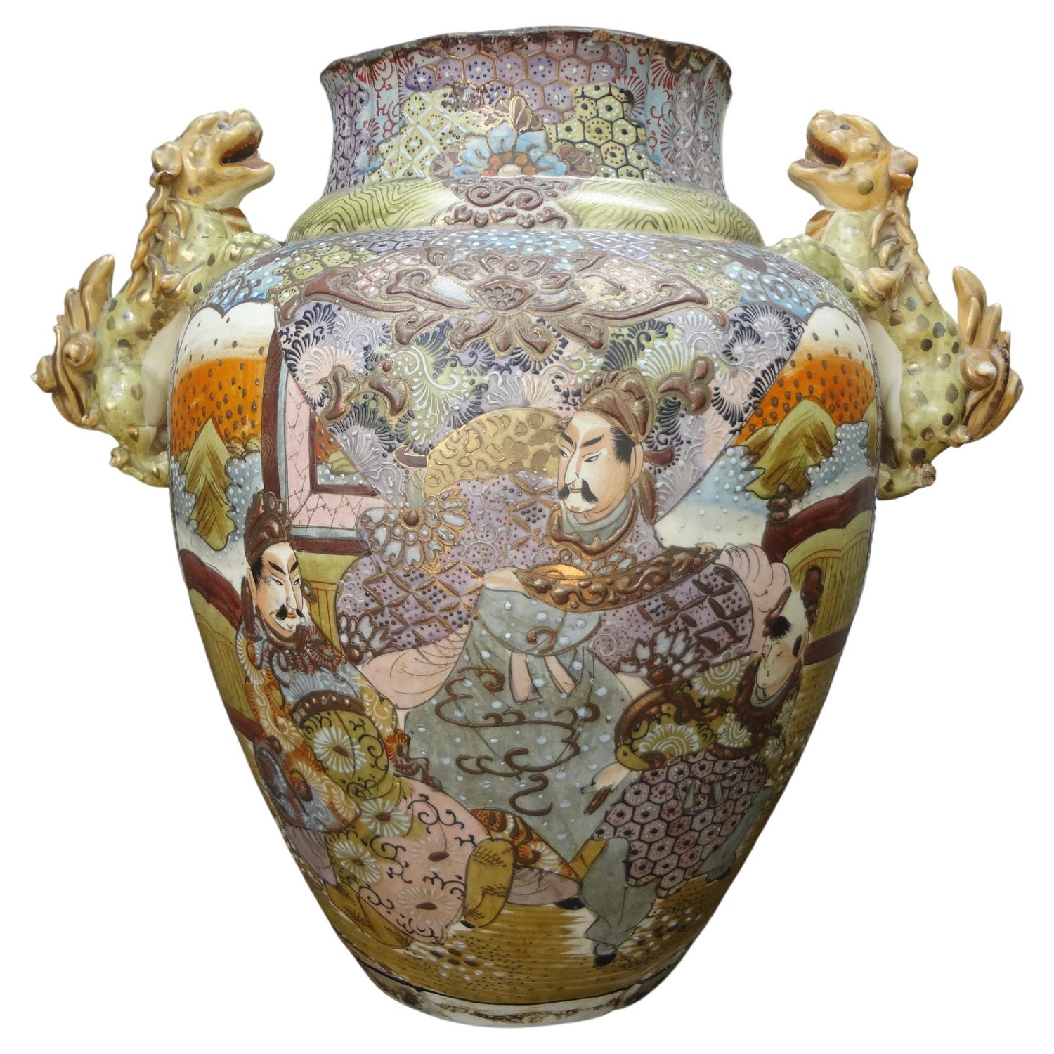 Important Antique Japanese Meiji Satsuma Covered Urn Vase with Foo Dog For  Sale at 1stDibs