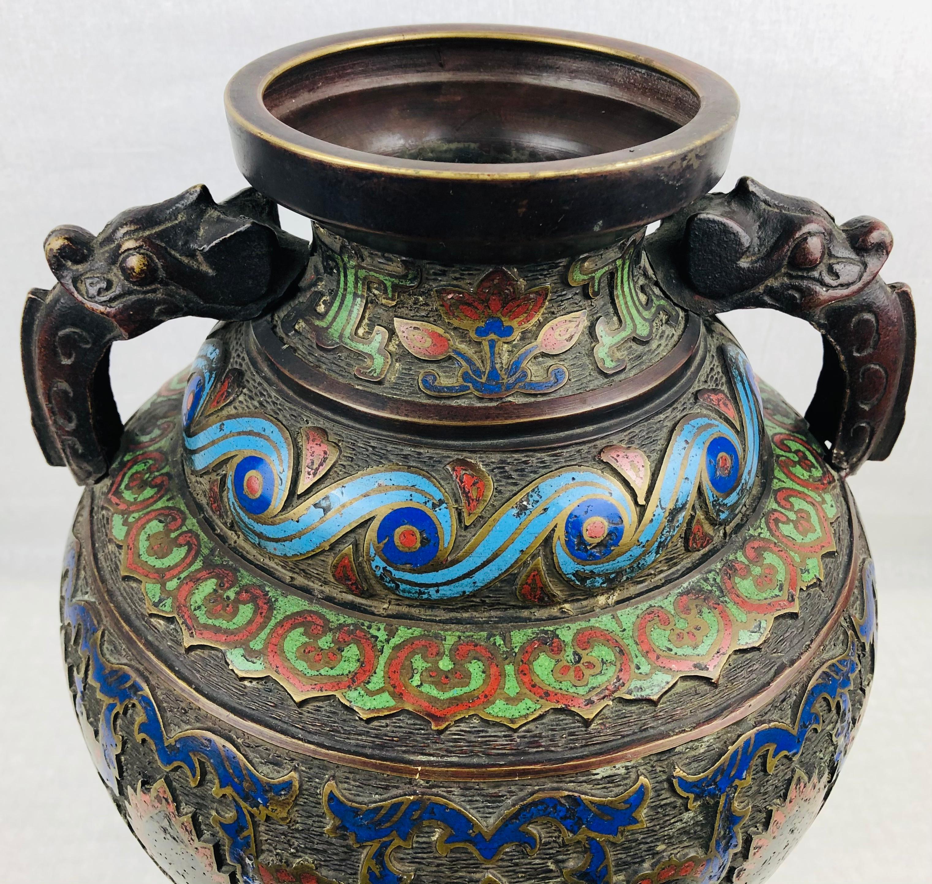 19th Century Japanese Meiji Period Cloisonne Bronze Vase Stamped In Good Condition In Miami, FL