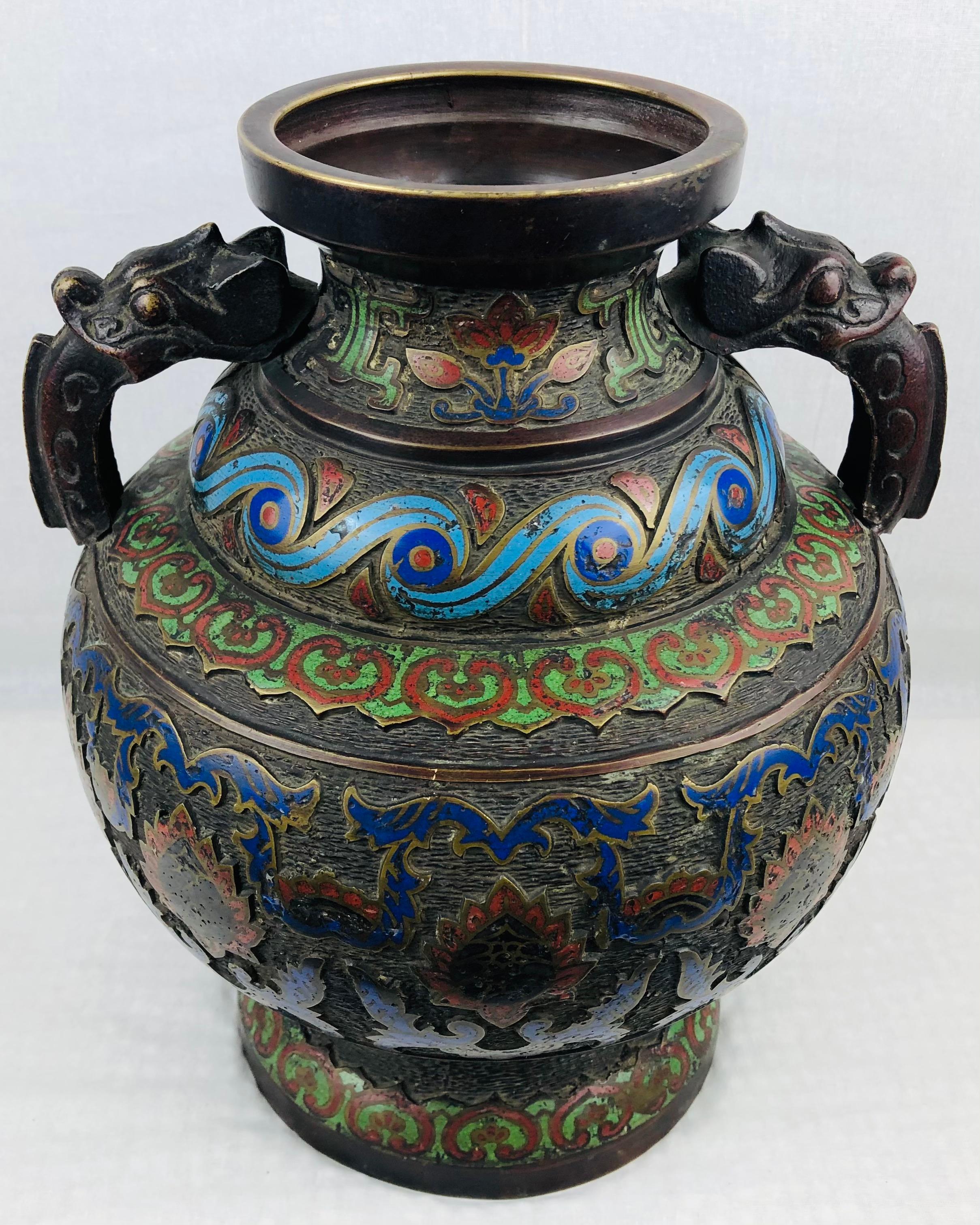 19th Century Japanese Meiji Period Cloisonne Bronze Vase Stamped 3