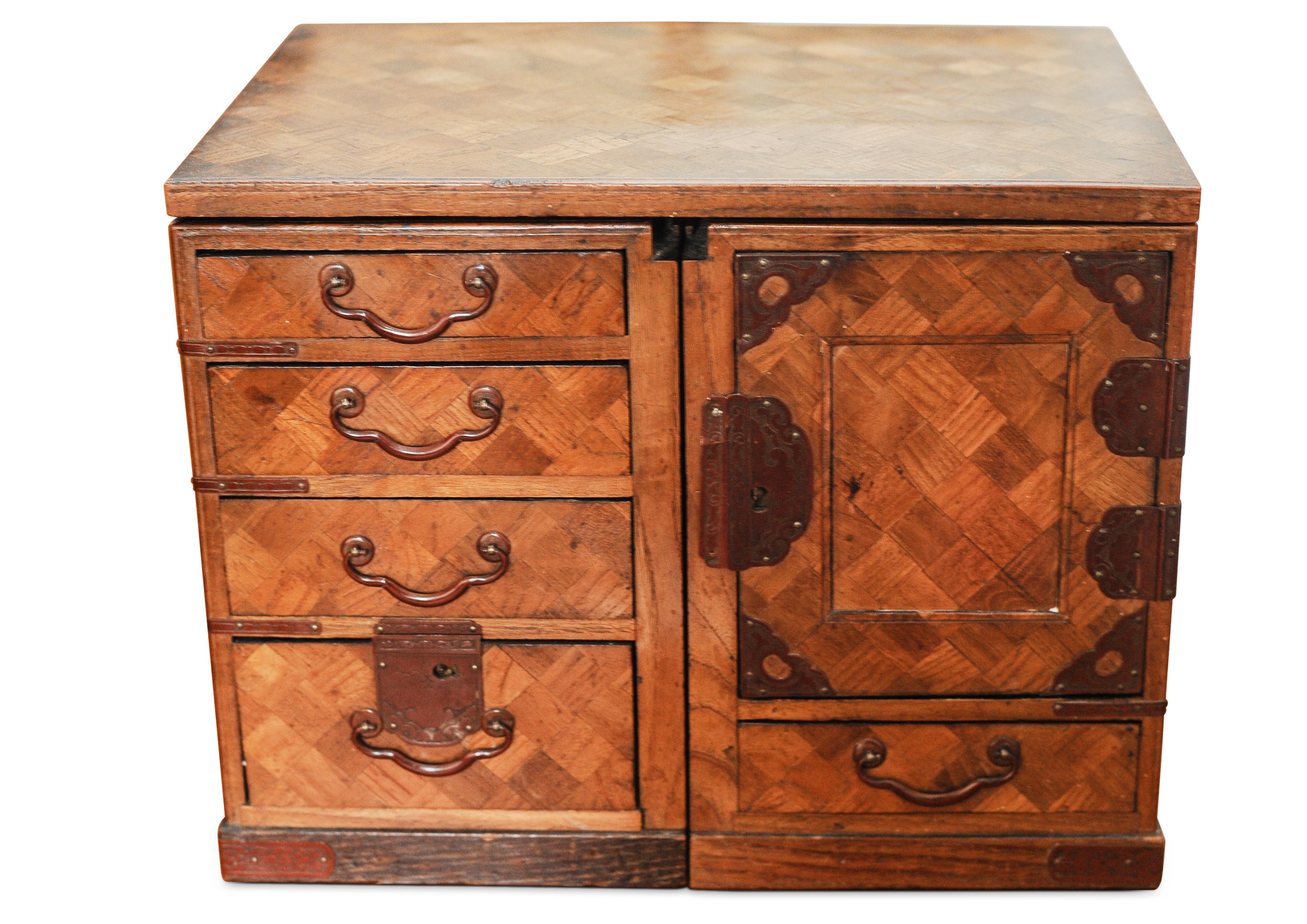 19th Century Japanese Meiji Period Parquetry Table Top Kodansu Cabinet With An Arrangement of Seven Drawers & Metal Handles & Finishings

