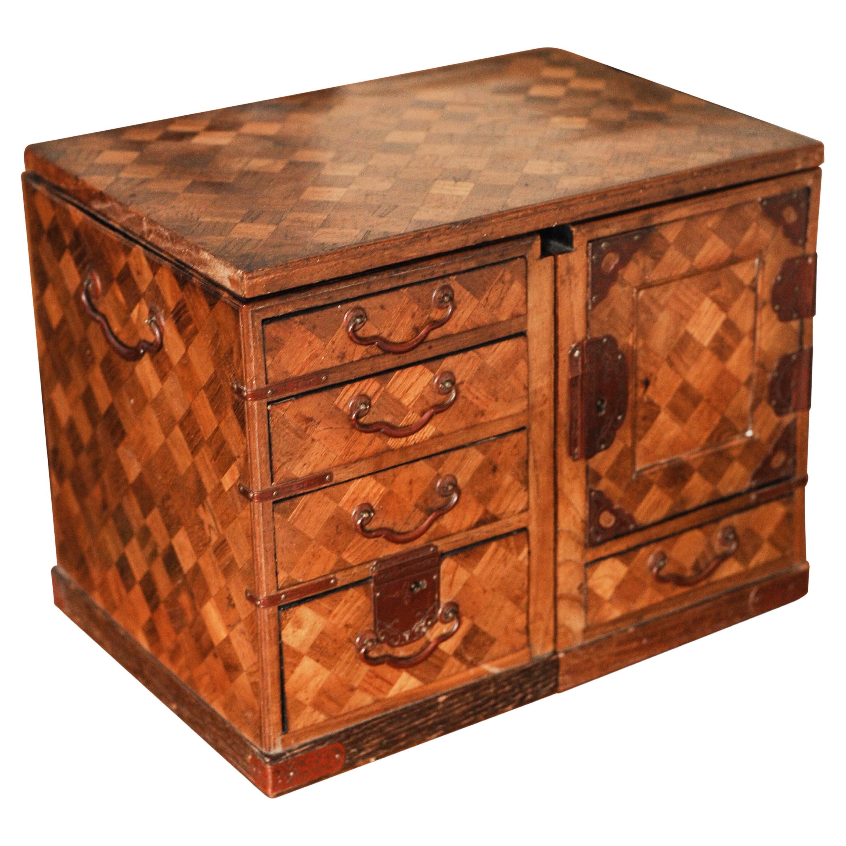 19th Century Japanese Meiji Period Parquetry Table Top Kodansu Cabinet For Sale