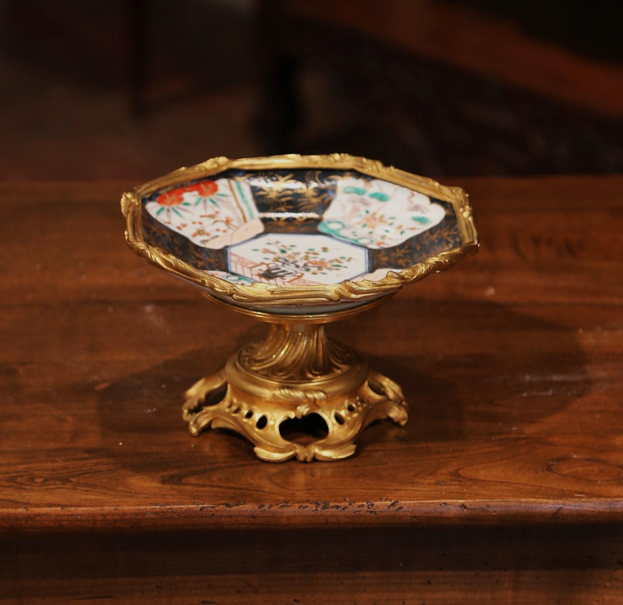 Gilt 19th Century Japanese Painted Imari Shall Bowl with Mounts on Bronze Dore Stand For Sale