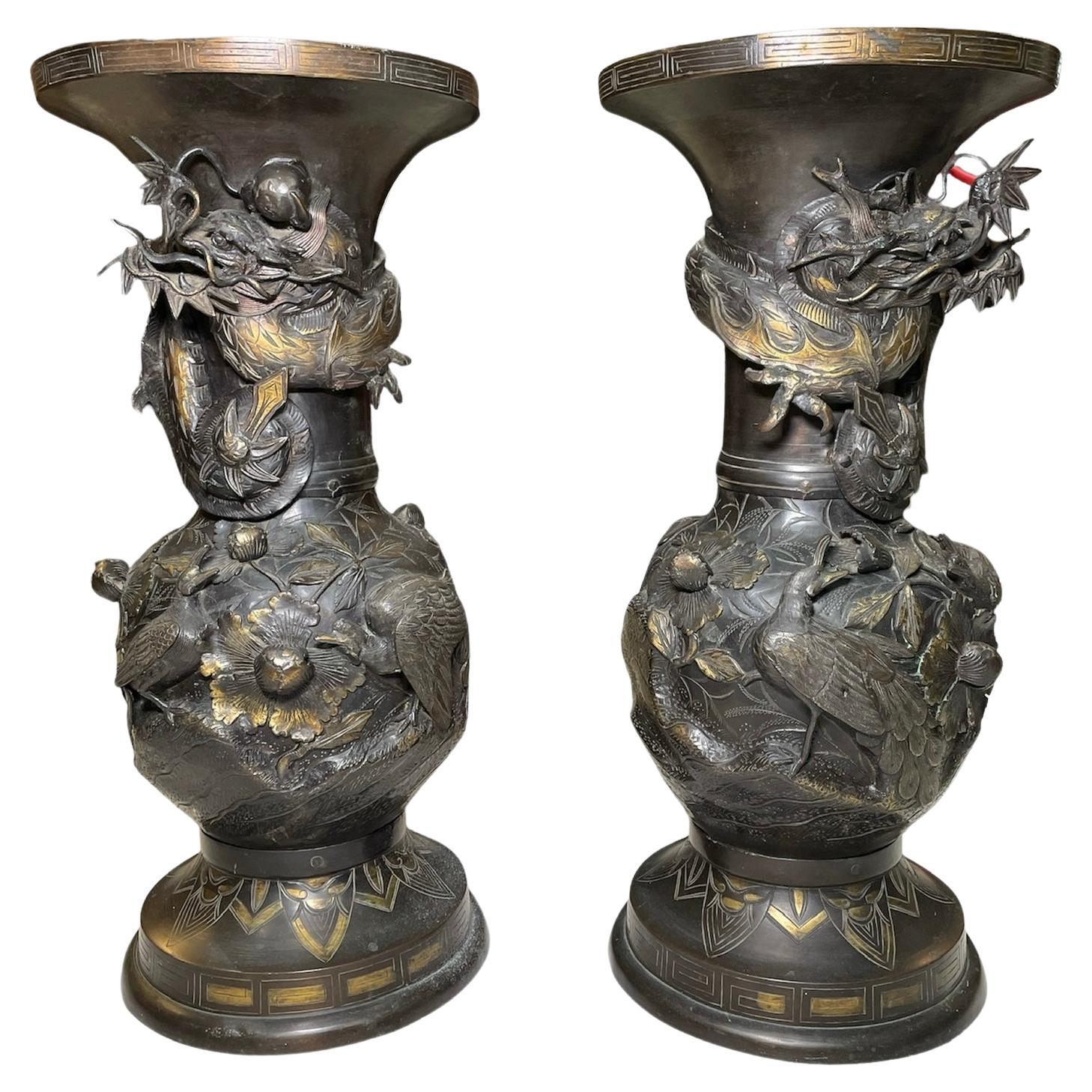 19th Century Japanese Pair of Bronze Urn Vases For Sale