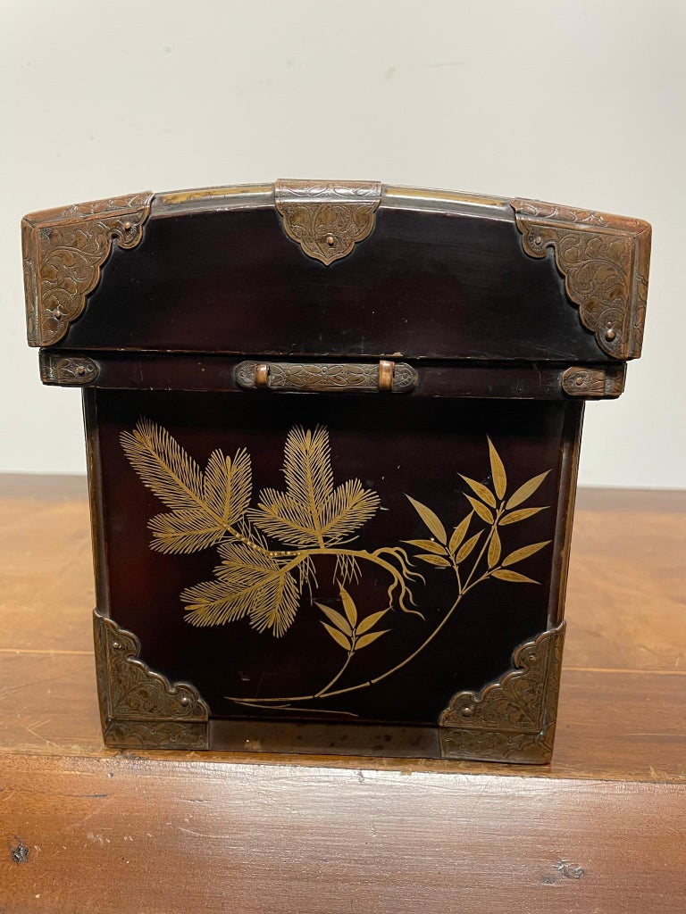 19th Century Japanese Plum Lacquer and Gilt Box with Etched Copper