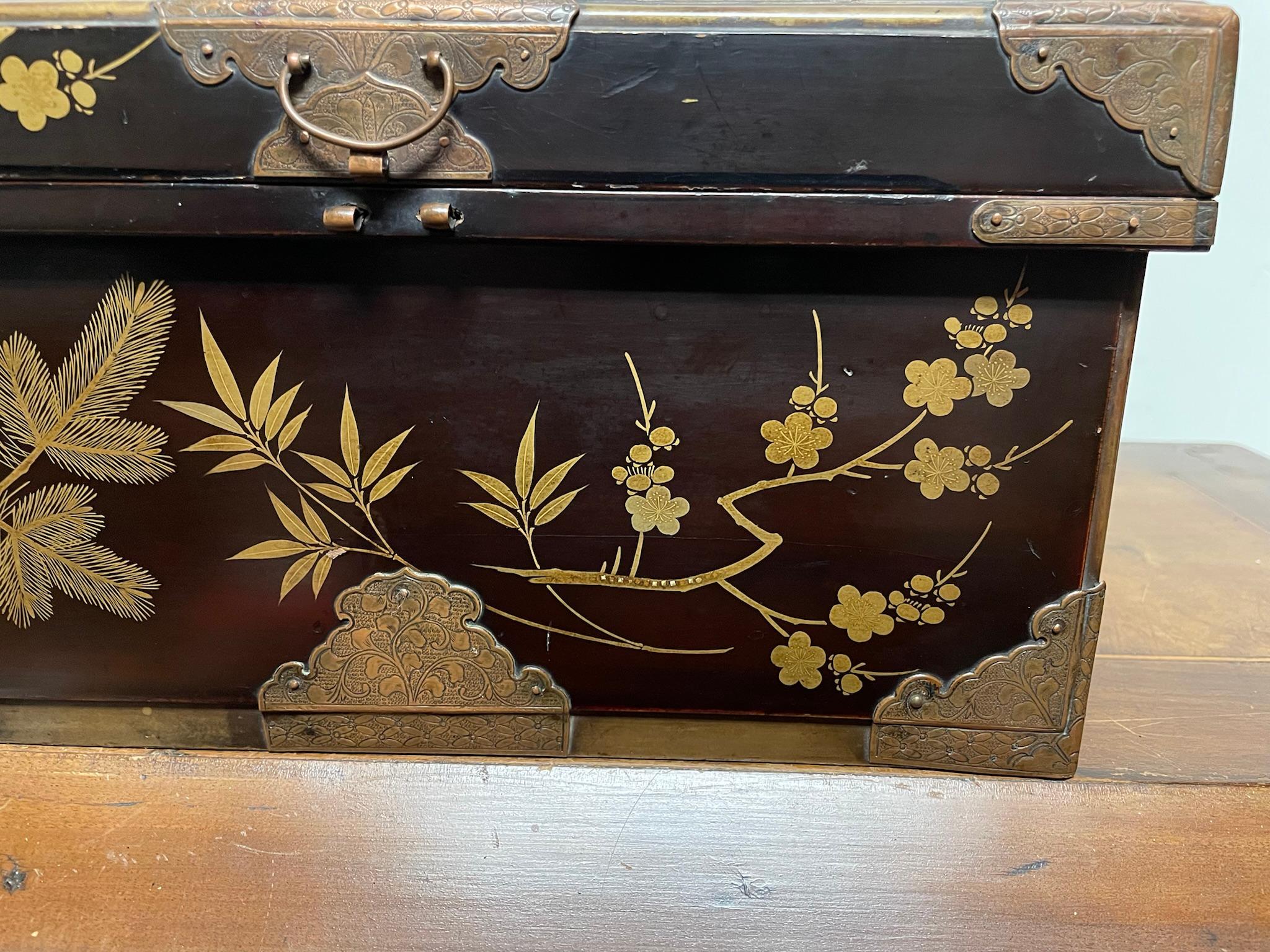 Meiji 19th Century Japanese Plum Lacquer and Gilt Box with Etched Copper Mounts