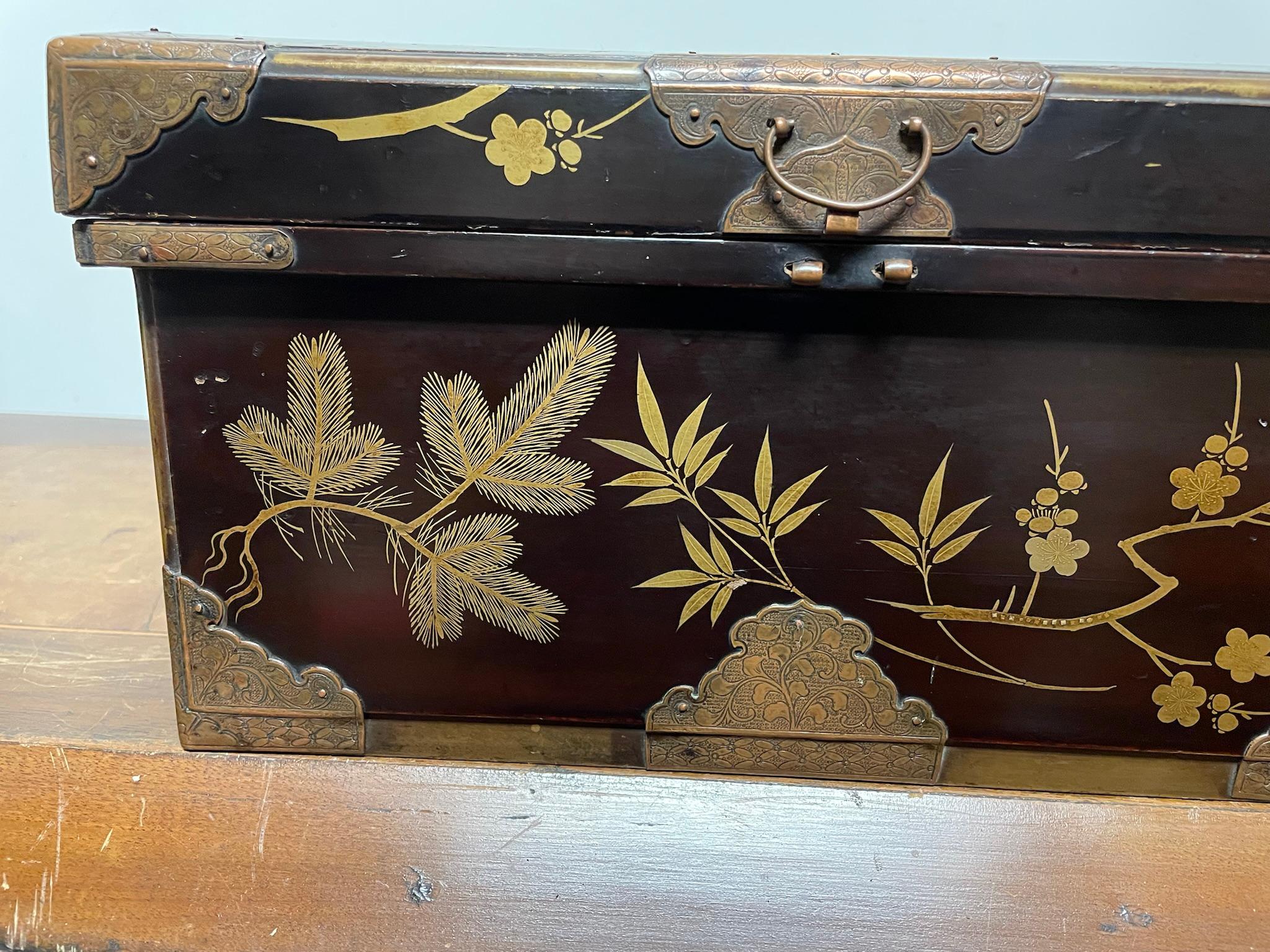 19th Century Japanese Plum Lacquer and Gilt Box with Etched Copper Mounts In Good Condition In Stamford, CT