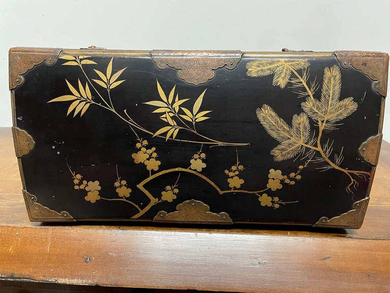 19th Century Japanese Plum Lacquer and Gilt Box with Etched Copper