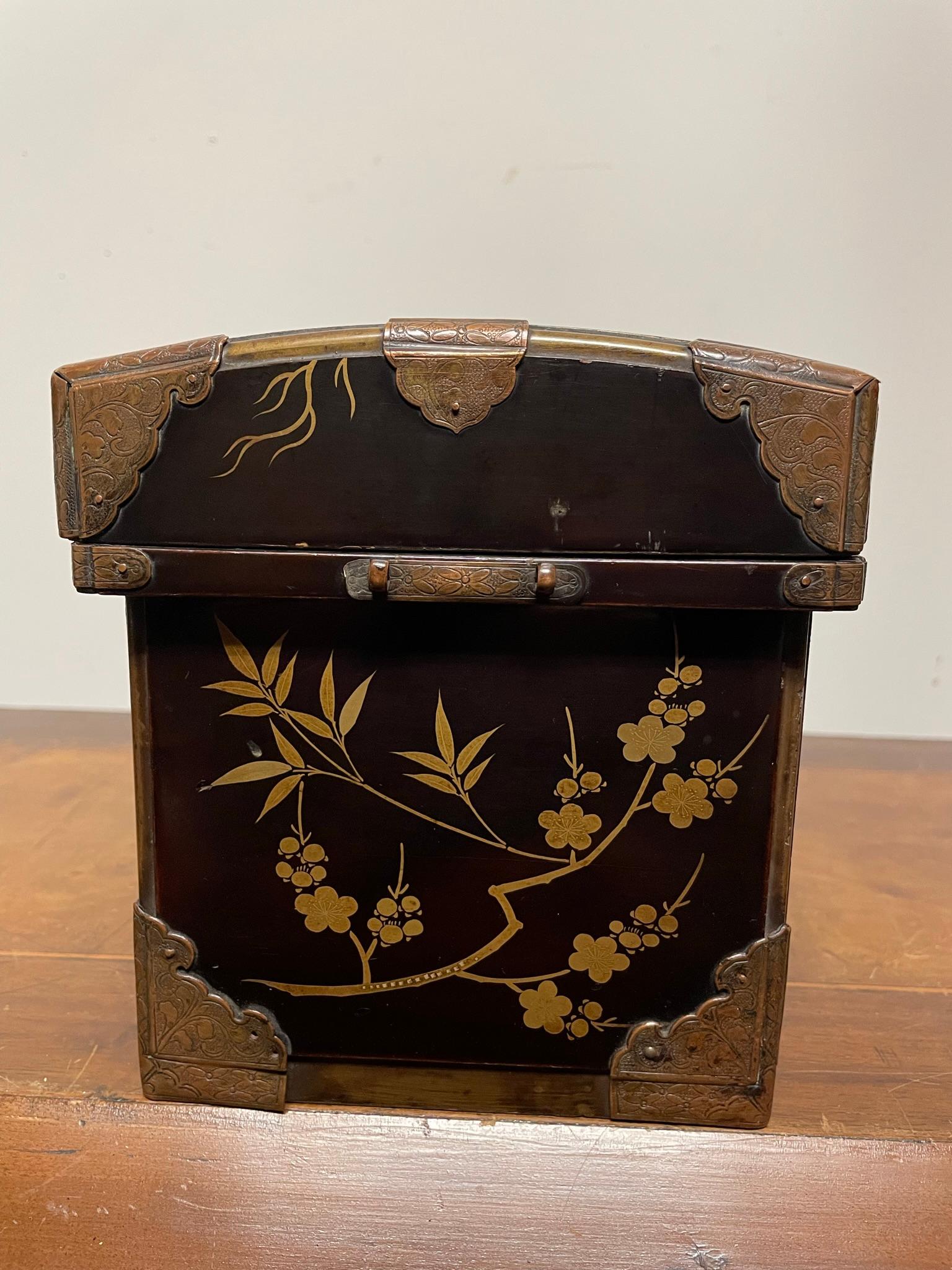 19th Century Japanese Plum Lacquer and Gilt Box with Etched Copper Mounts 3