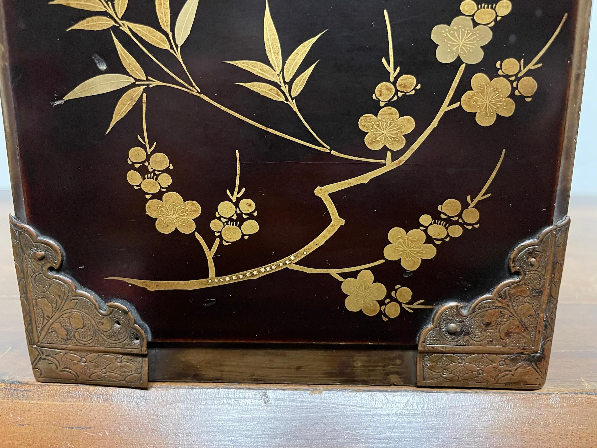 19th Century Japanese Plum Lacquer and Gilt Box with Etched Copper Mounts 4