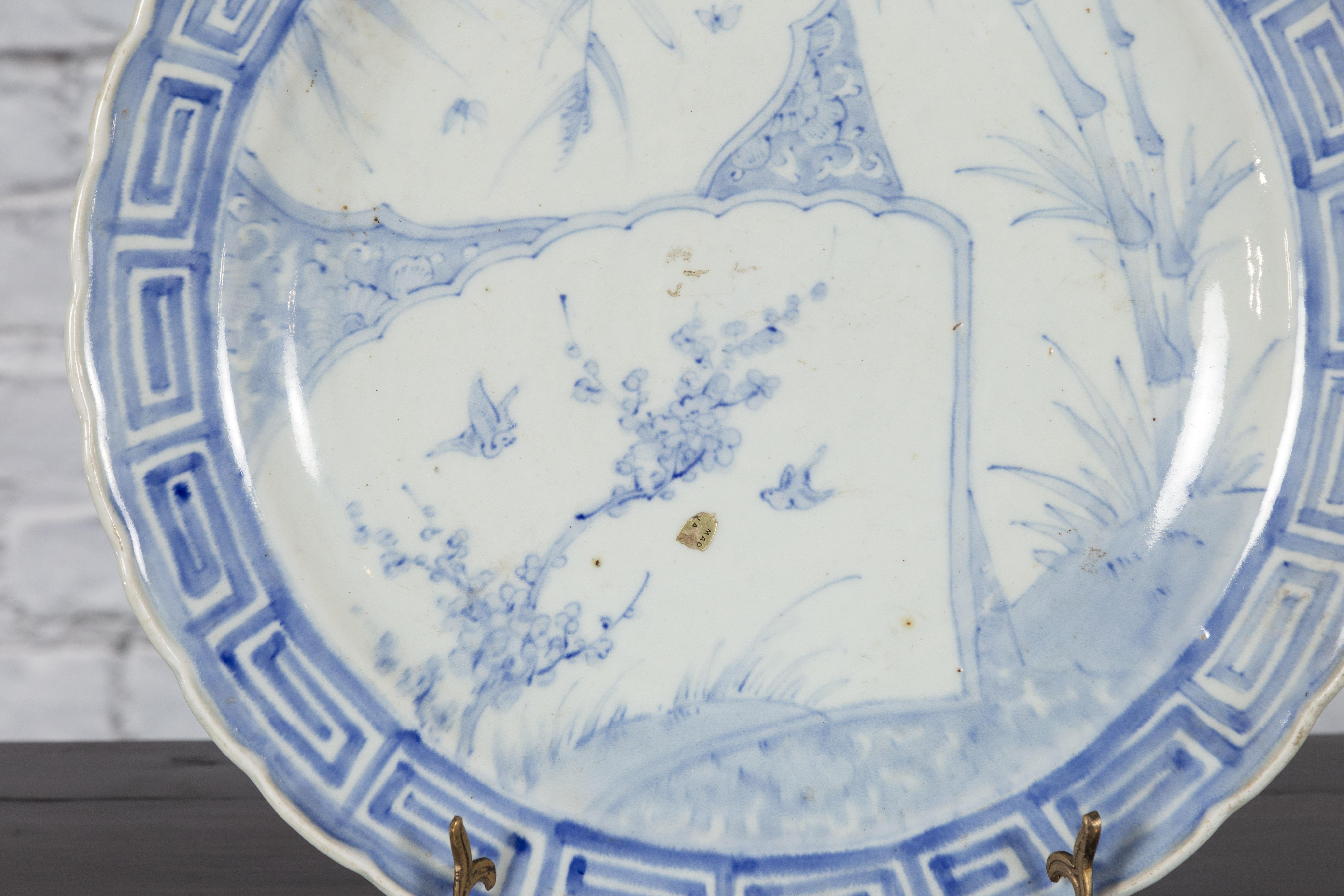19th Century Japanese Porcelain Plate with Blue and White Bird and Bamboo Motifs In Good Condition For Sale In Yonkers, NY