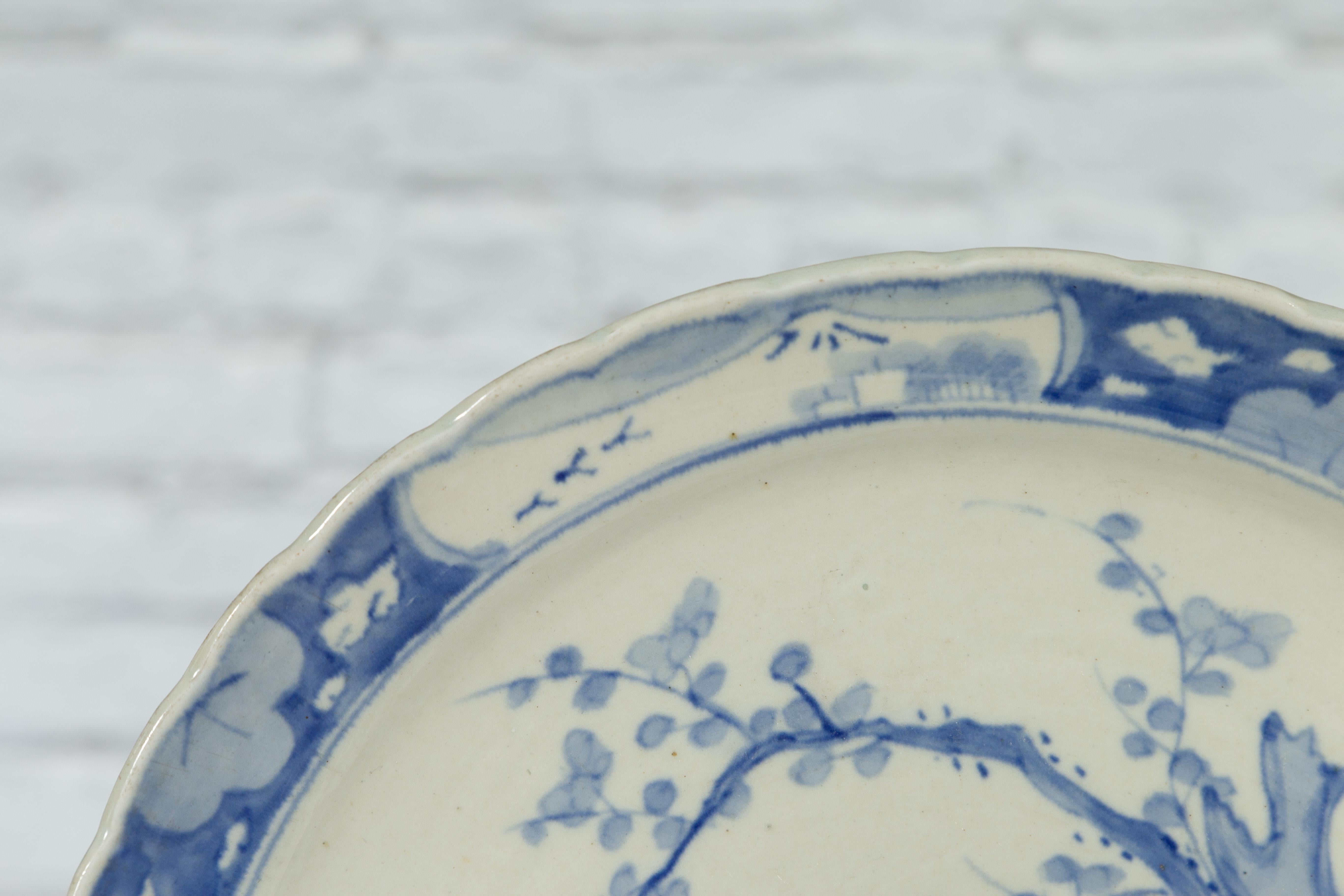 19th Century Japanese Porcelain Plate with Painted Blue and White Tree Décor For Sale 7