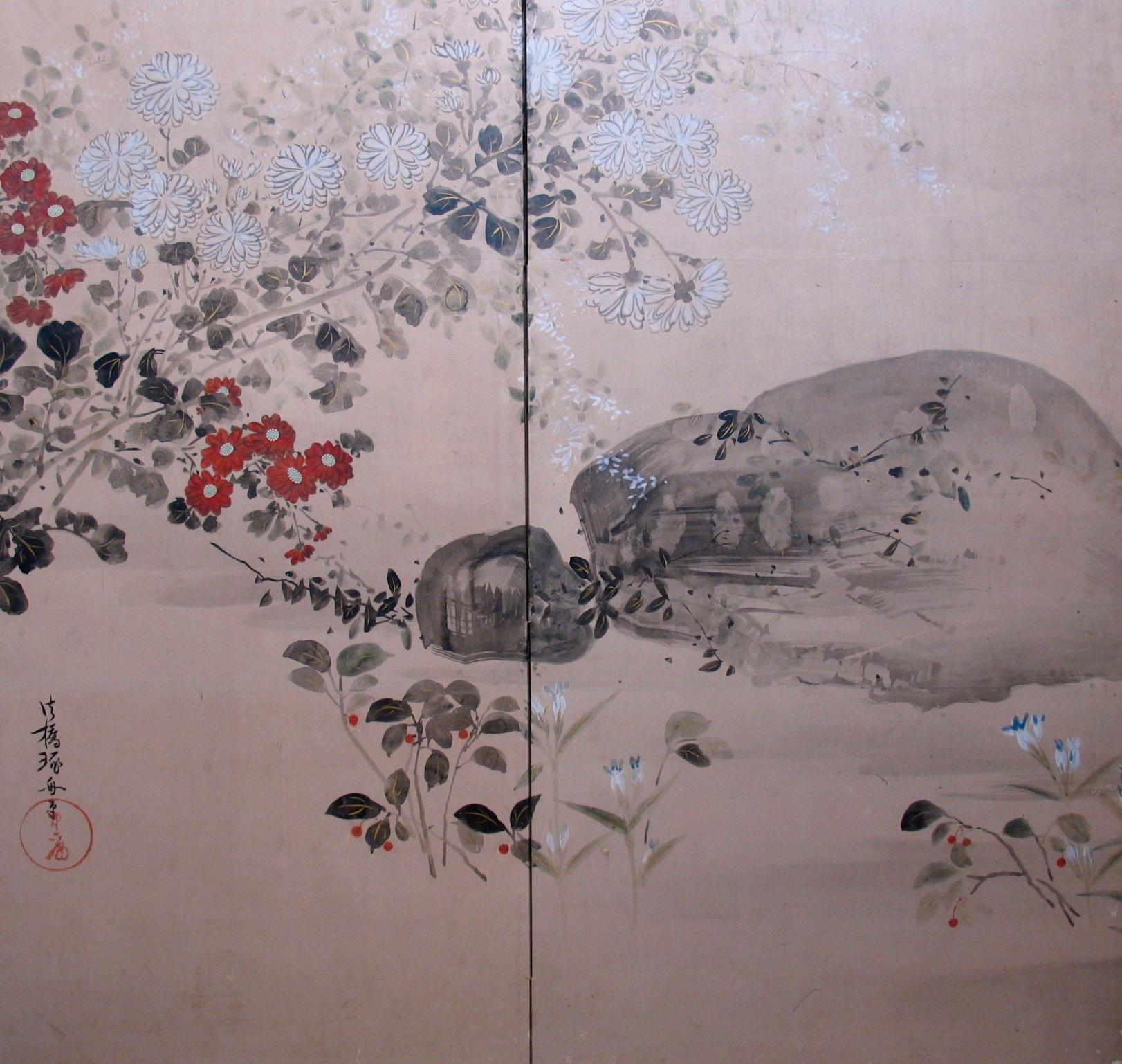 Edo 19th Century Japanese Rimpa Floral 6-Panel Folding Screen