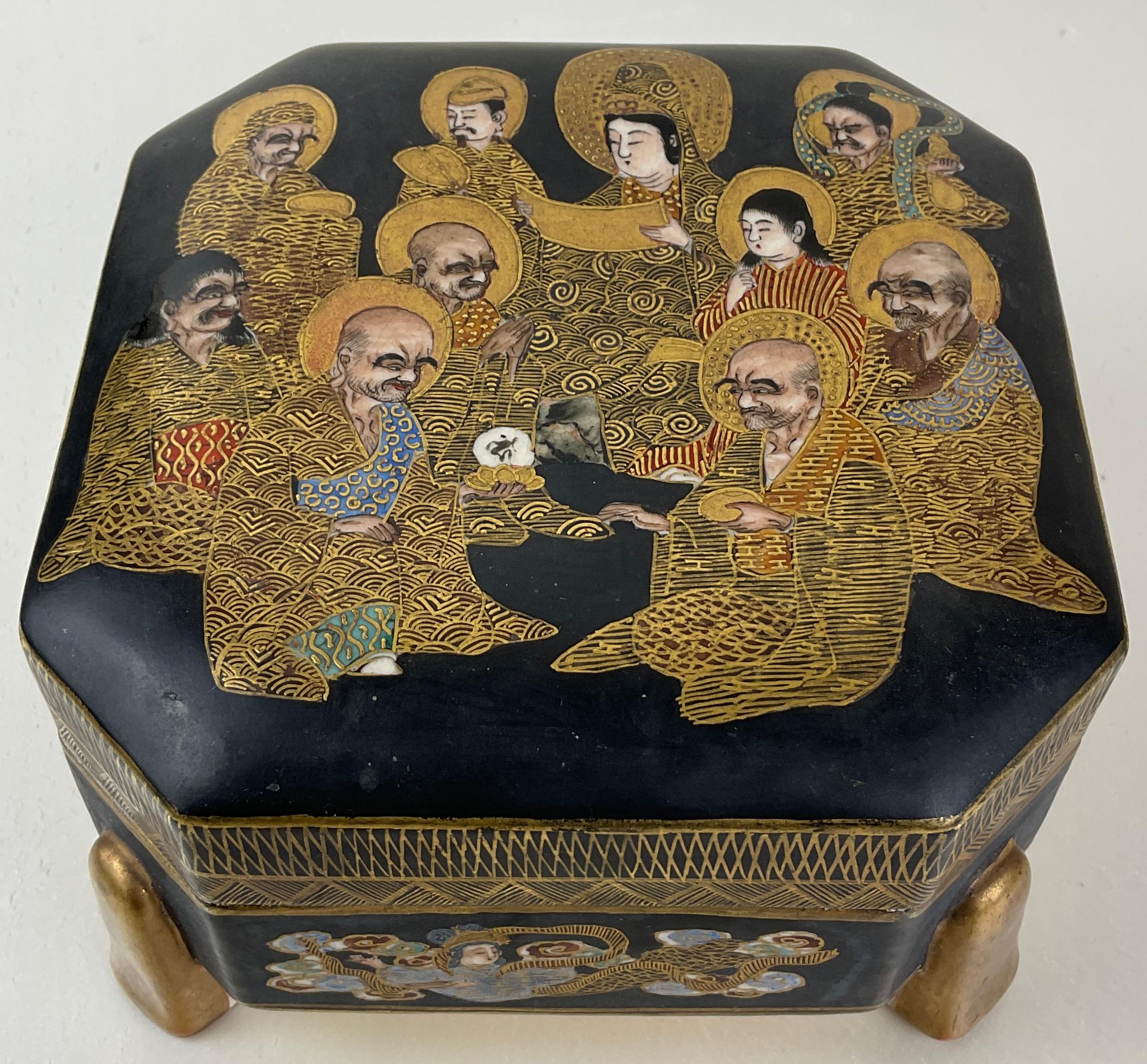 Meticulously enamelled and gilt satsuma box, Meiji Period (1867-1912).

Overall very good antique condition, base that the box sits on is a bit slanted. 
Lid perfect, box some wear to gilt on rim only.

Dimensions: Height: 3.5 in (8.89 cm)
Width: