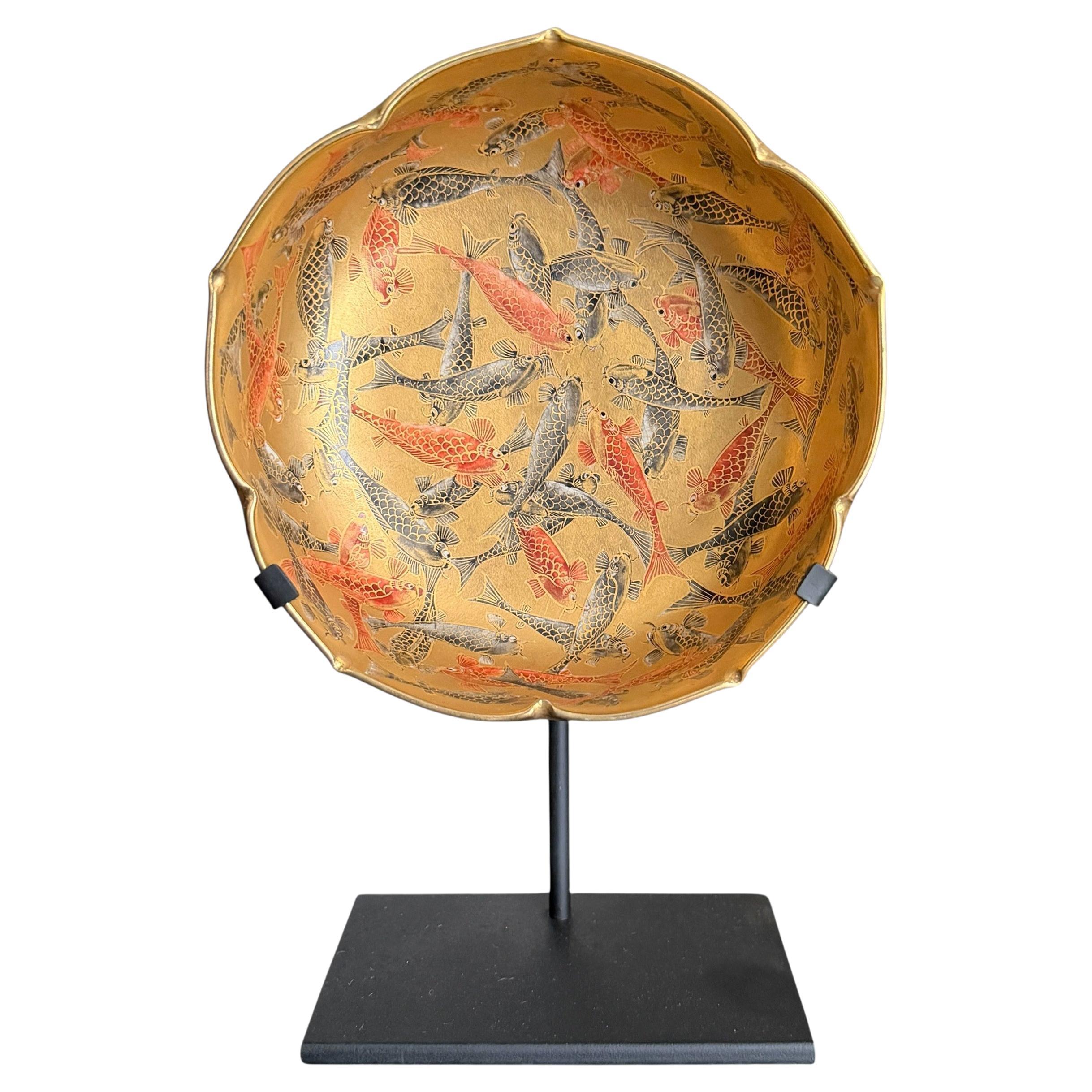 19th Century Japanese Satsuma Lotus Koi Bowl on Custom Steel Mount