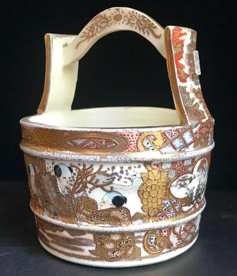 19th Century Japanese Satsuma Porcelain Water Well Bucket, Wishing Well