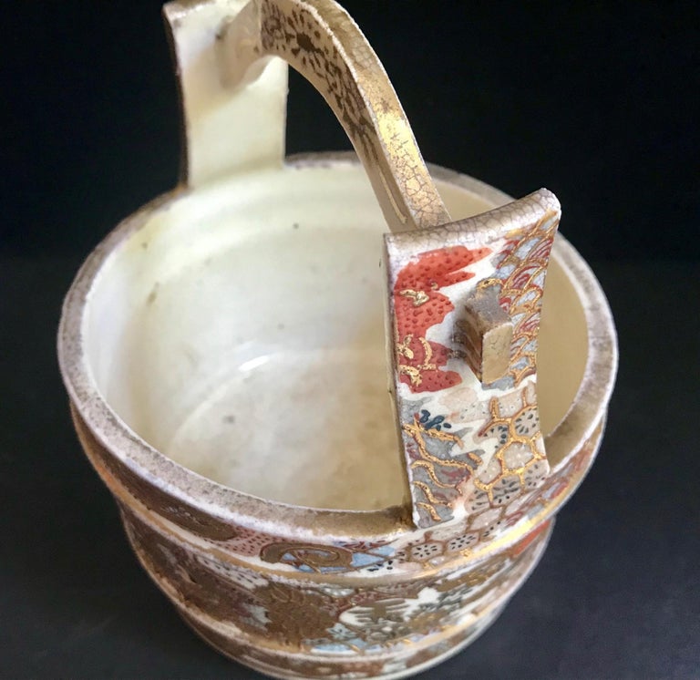19th Century Japanese Satsuma Porcelain Water Well Bucket, Wishing Well