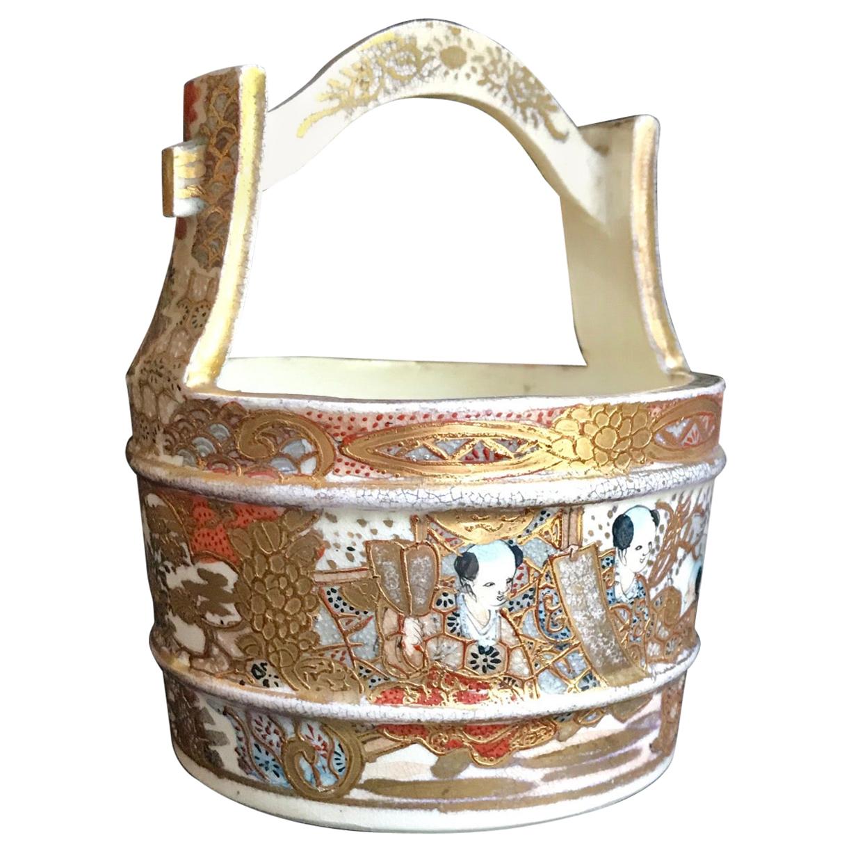 19th Century Japanese Satsuma Porcelain Water Well Bucket, Wishing Well Vase For Sale