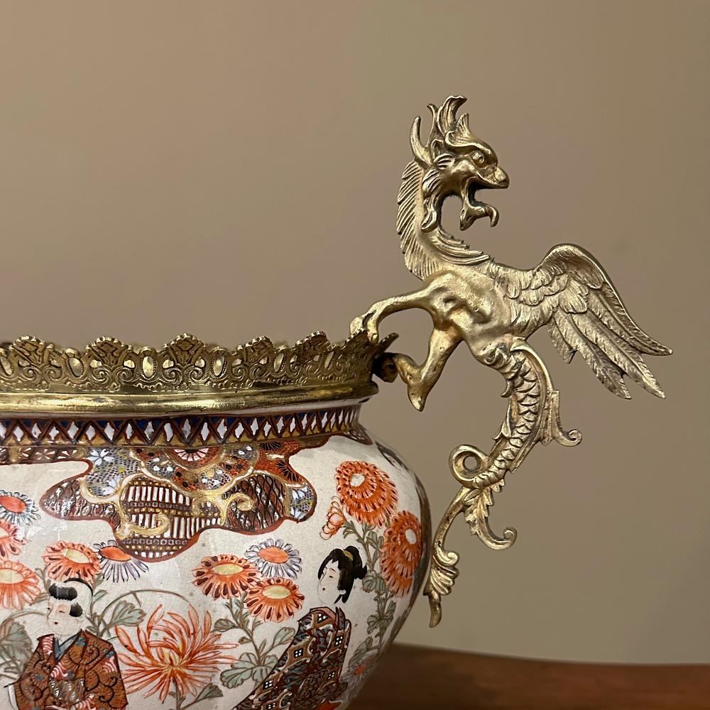 19th Century Japanese Satsuma Vase ~ Jardiniere with Bronze Mounts For Sale 7