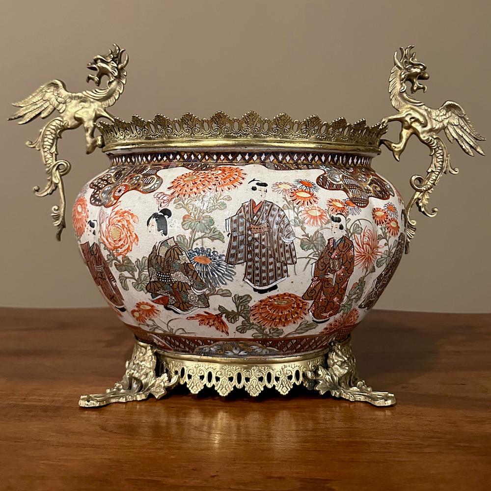 Japonisme 19th Century Japanese Satsuma Vase ~ Jardiniere with Bronze Mounts For Sale