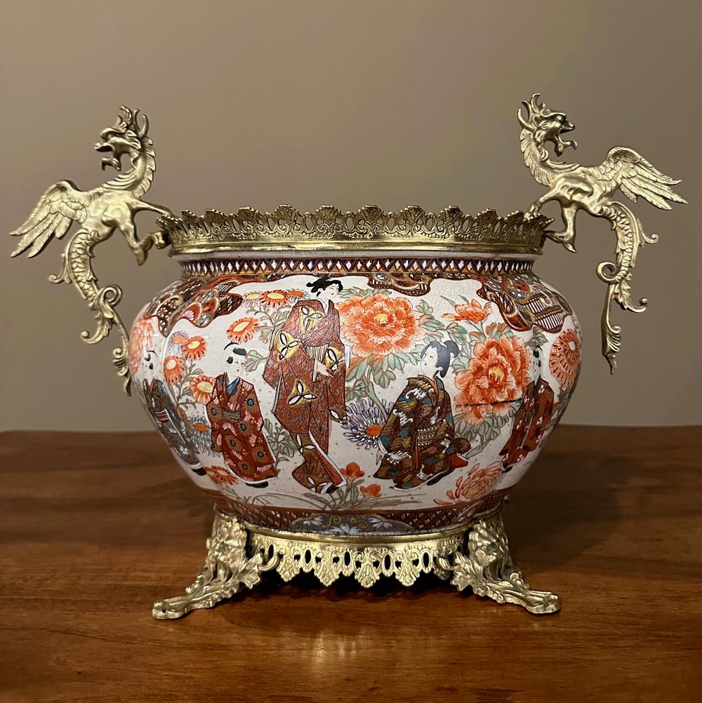 Hand-Crafted 19th Century Japanese Satsuma Vase ~ Jardiniere with Bronze Mounts For Sale