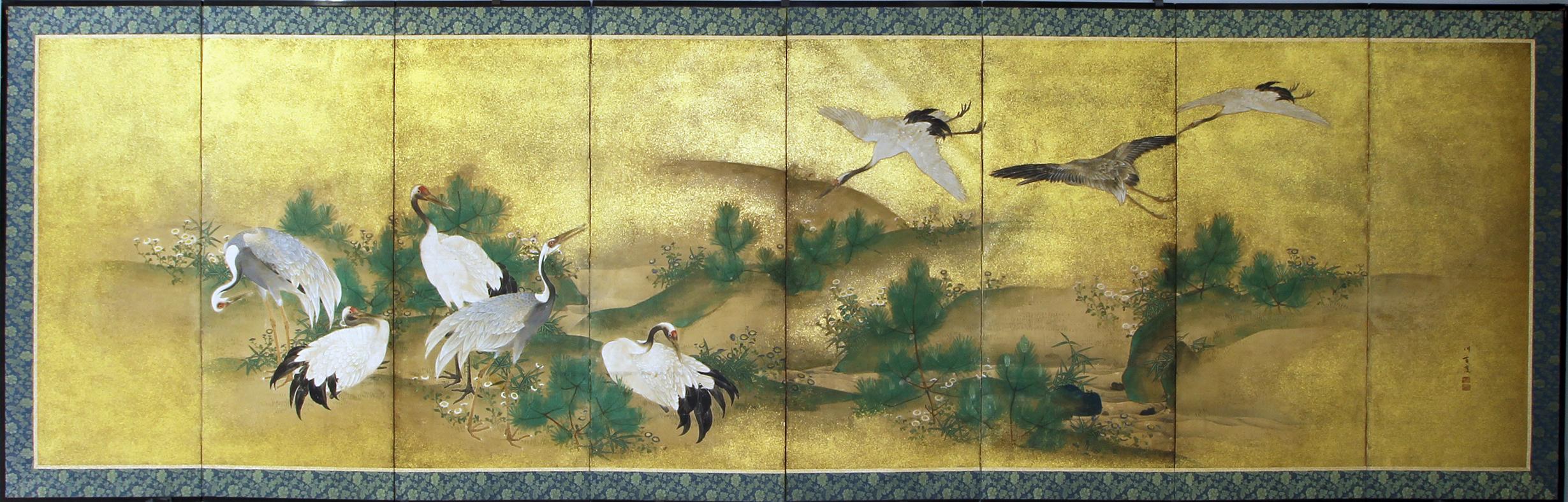 Rare Edo Japanese eight-panel screen painted with mineral pigments on rice paper and golden specks.
Author: Kinsako Wakamatsu.