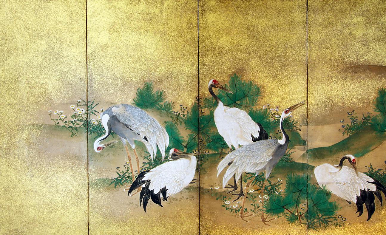Edo 19th Century, Japanese Screen 8 Panels Flying Cranes over the Golden Landscape