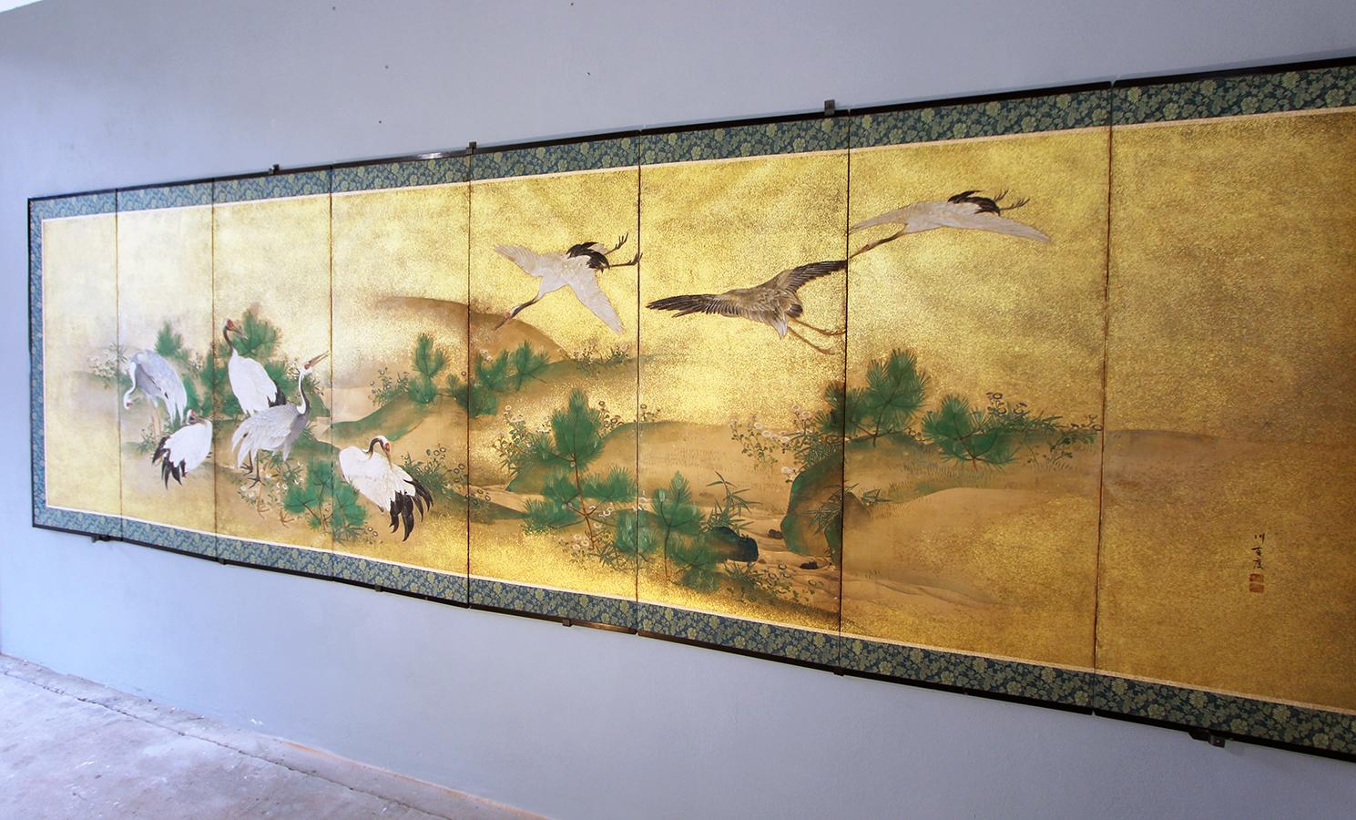 19th Century, Japanese Screen 8 Panels Flying Cranes over the Golden Landscape In Good Condition In Brescia, IT